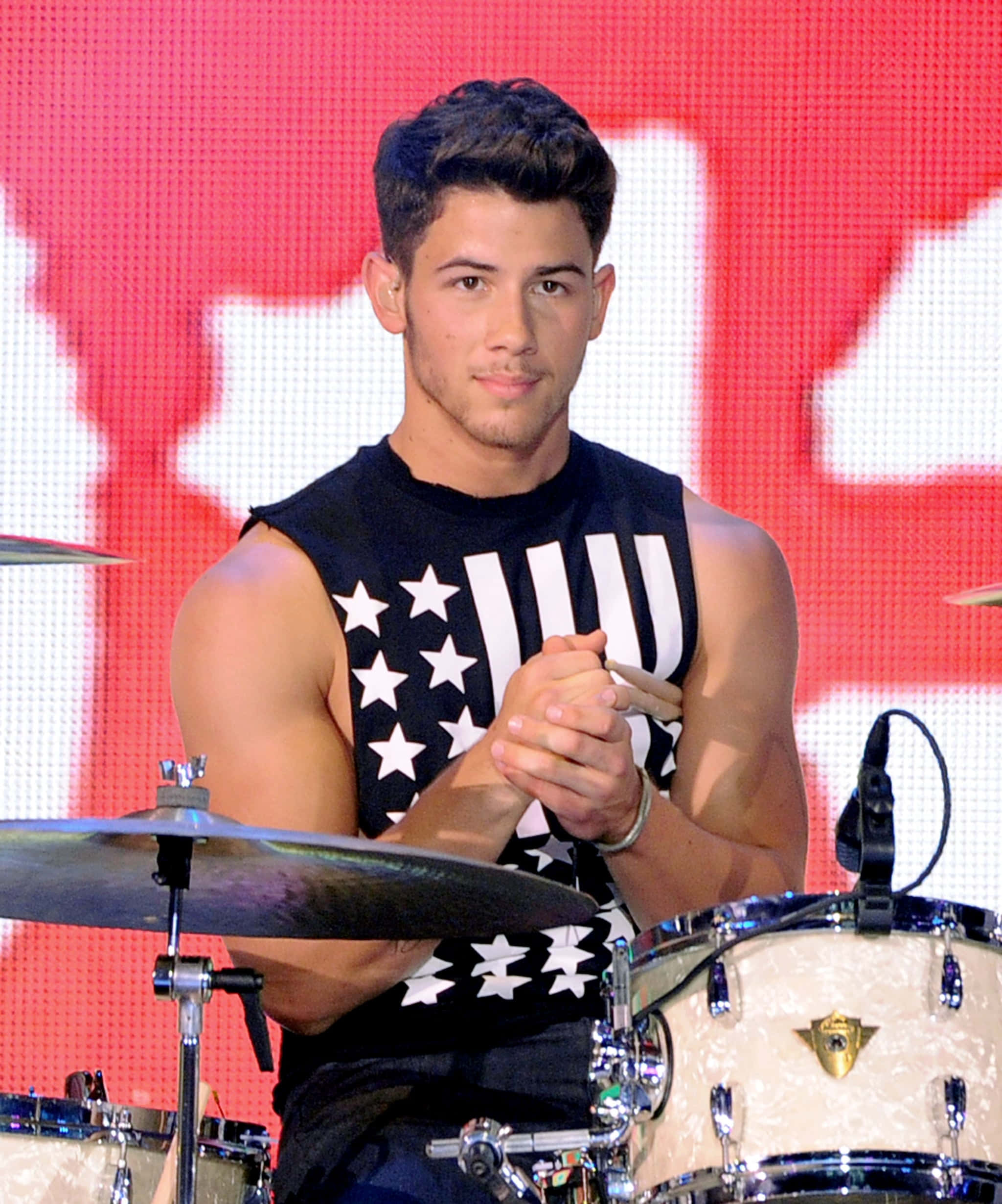 Nick Jonas, drummer, star-spangled sleeveless shirt, Full HD Phone Wallpaper
