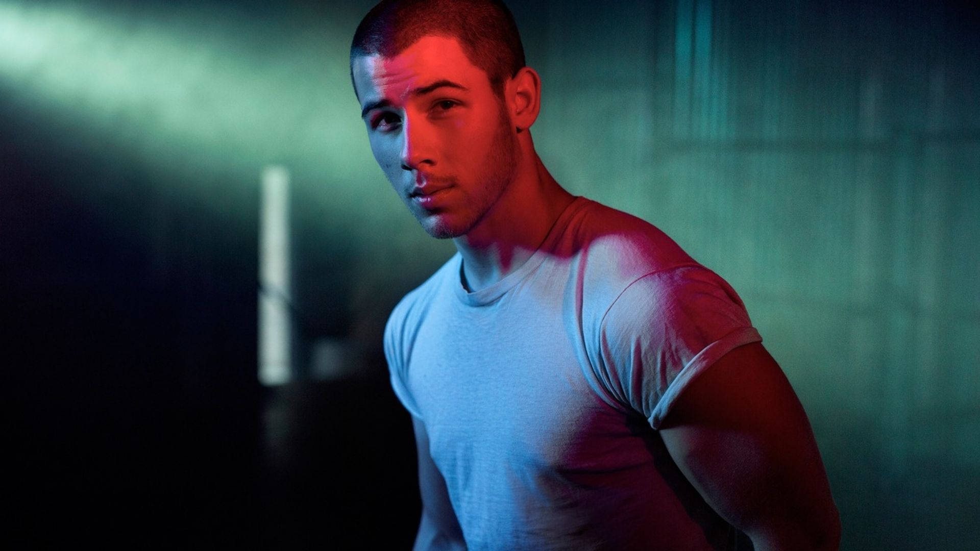 Nick Jonas, white t-shirt, dimly lit room, Full HD Desktop Wallpaper