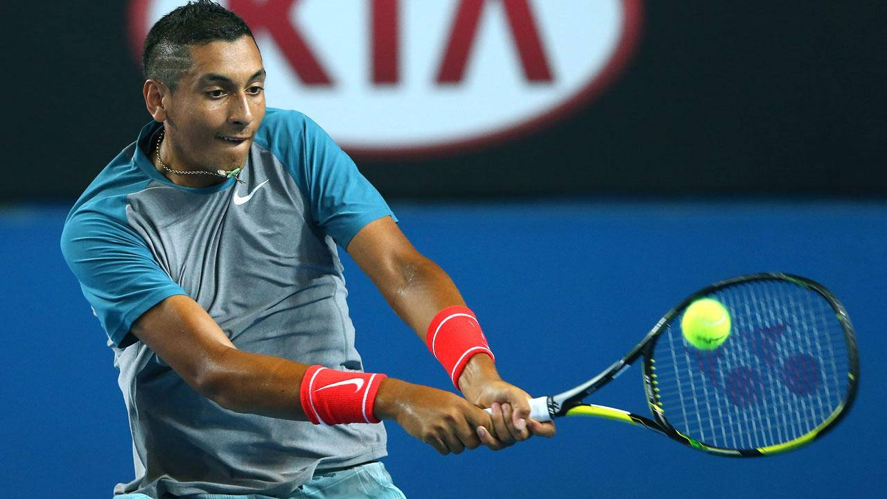 Nick Kyrgios, tennis match, blue and gray gear, HD Desktop Wallpaper