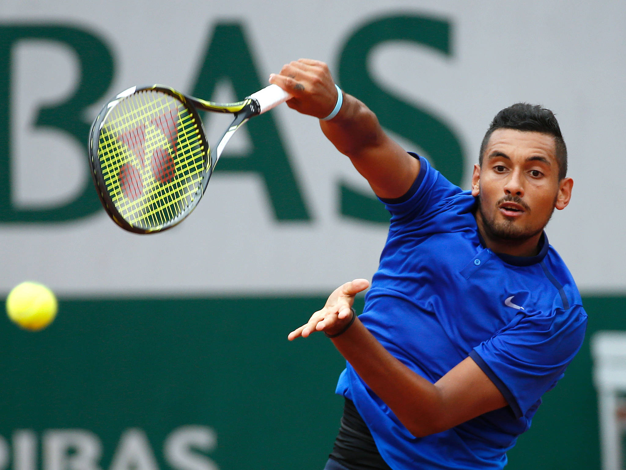 Nick Kyrgios, blue shirt, yellow ball, Full HD Desktop Wallpaper