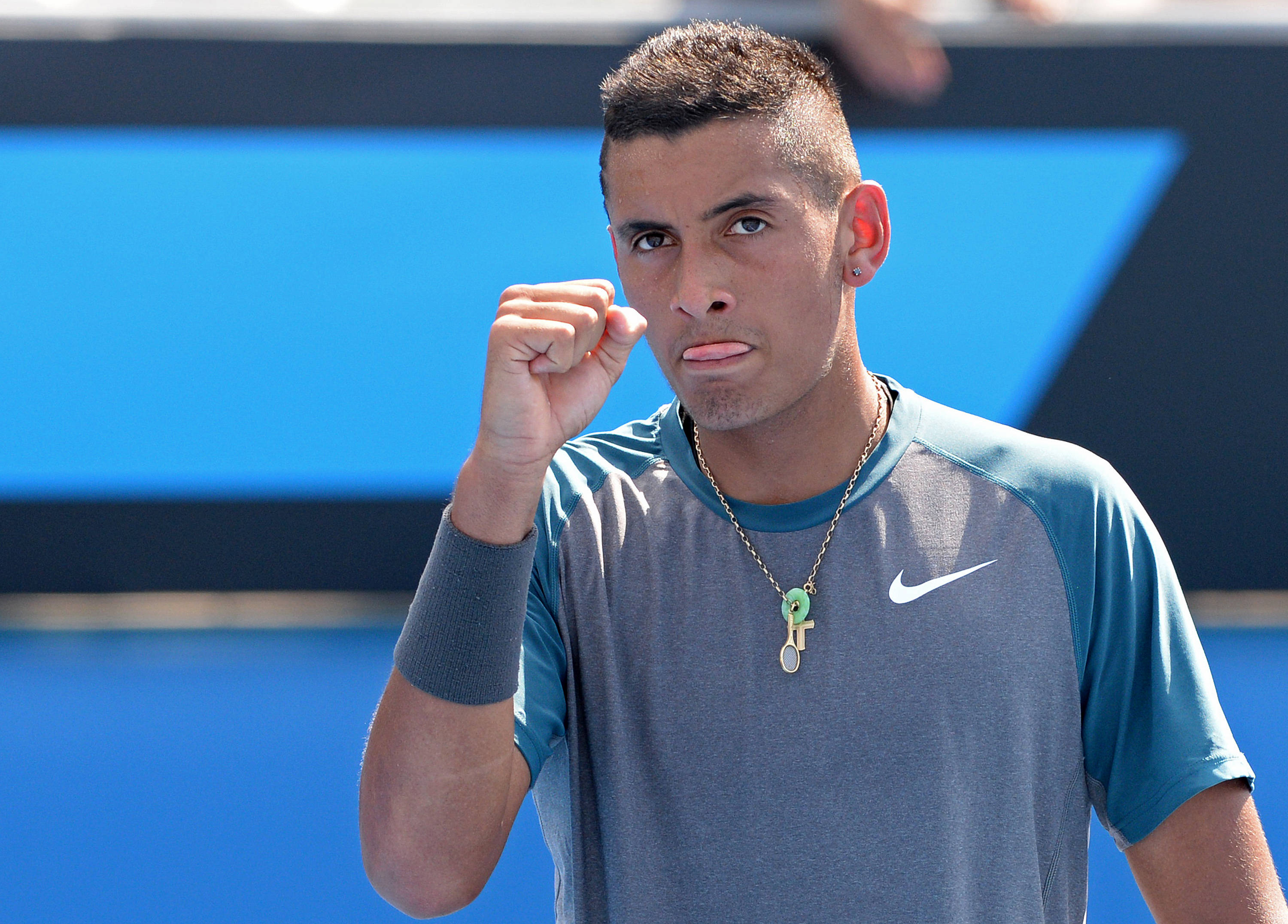 Nick Kyrgios, tennis athlete, gray and blue Nike shirt, 2K Desktop Wallpaper