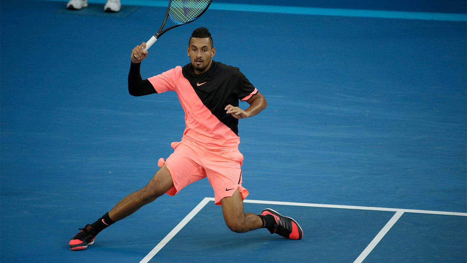 Nick Kyrgios, vibrant blue court, pink and black outfit, HD Desktop Wallpaper