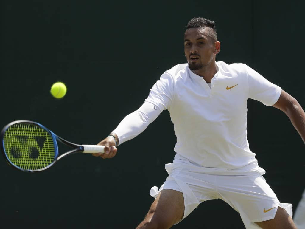 Nick Kyrgios, tennis strike, white gear, SD Desktop Wallpaper