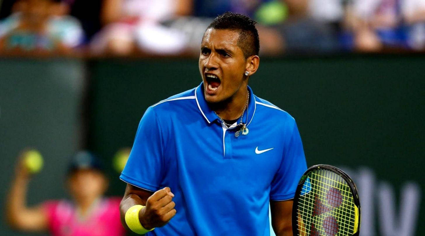 Nick Kyrgios, blue shirt, clenched fist, HD Desktop Wallpaper
