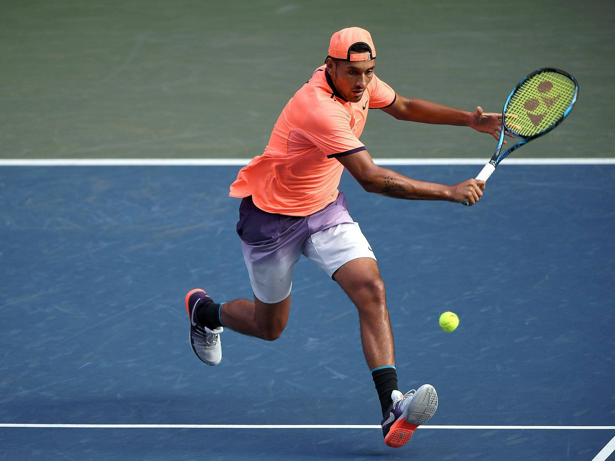 Nick Kyrgios, orange shirt, cap, Full HD Desktop Wallpaper