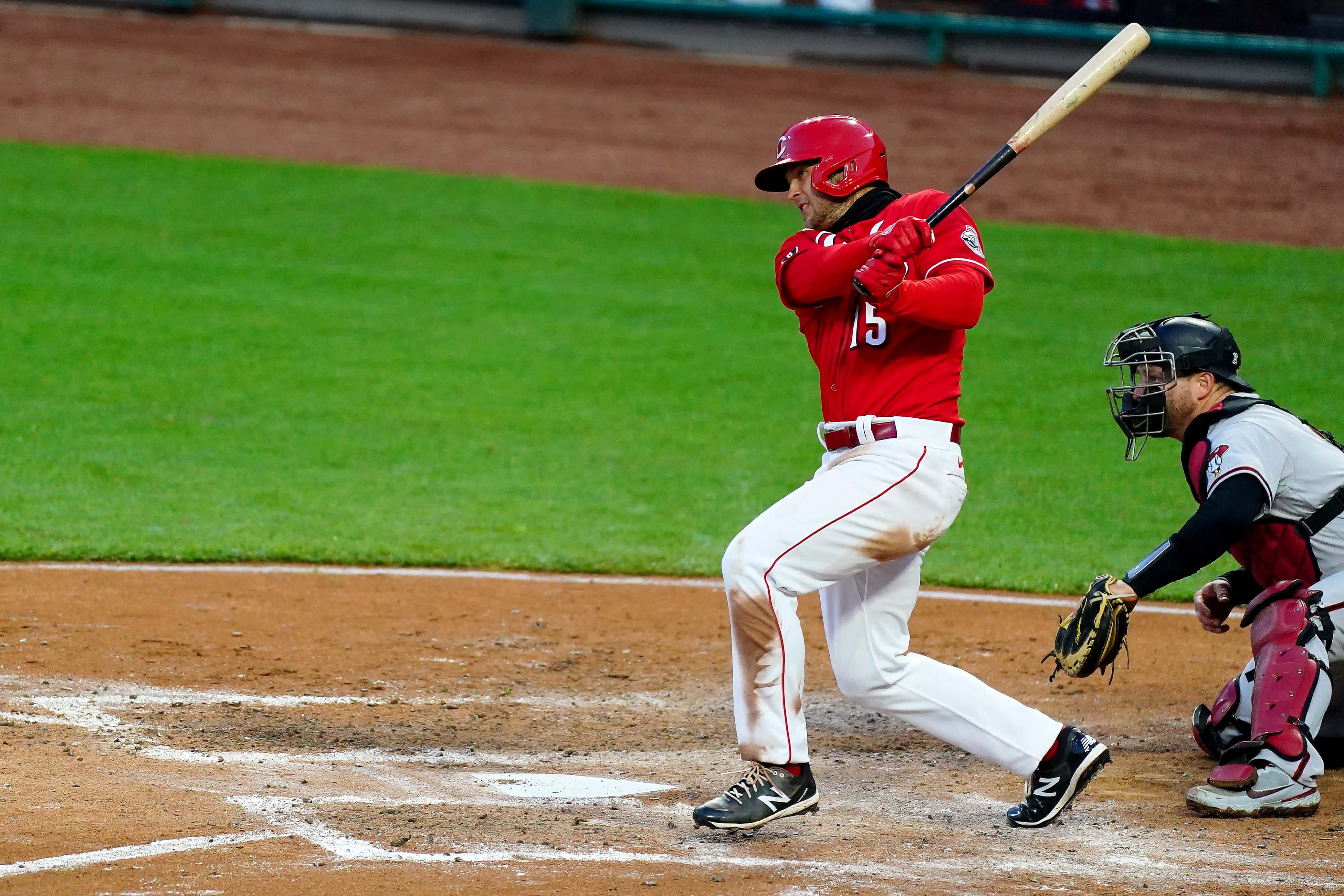 Nick Senzel, red uniform, bat, 4K Desktop Wallpaper