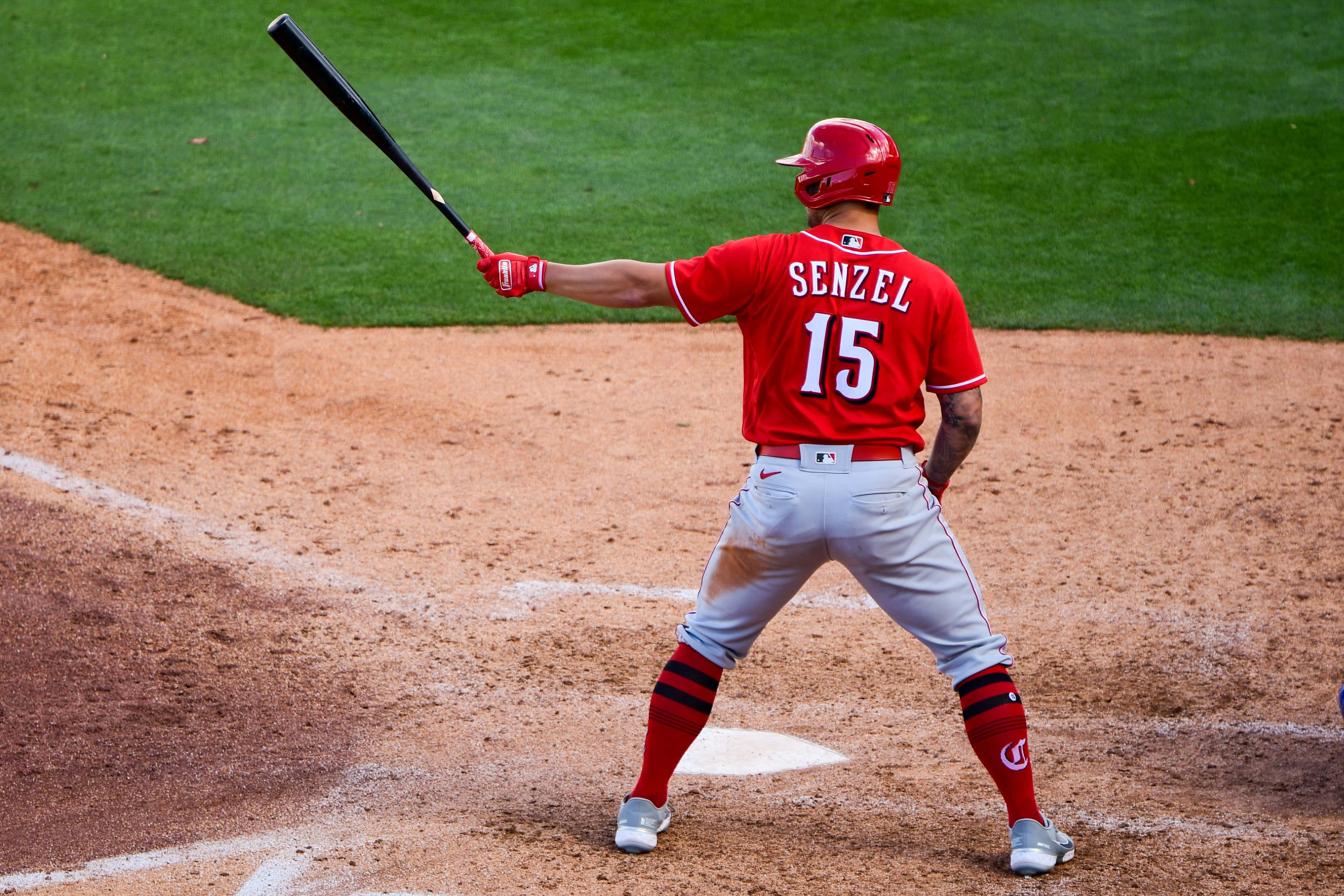 Nick Senzel, red jersey number 15, home plate, 4K Desktop Wallpaper