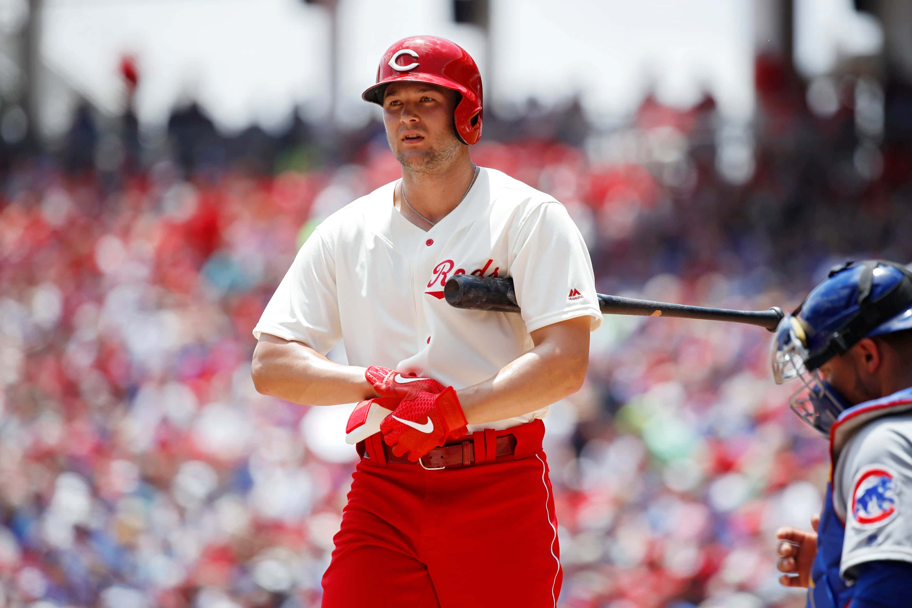 Nick Senzel, red and white uniform, bat, 2K Desktop Wallpaper