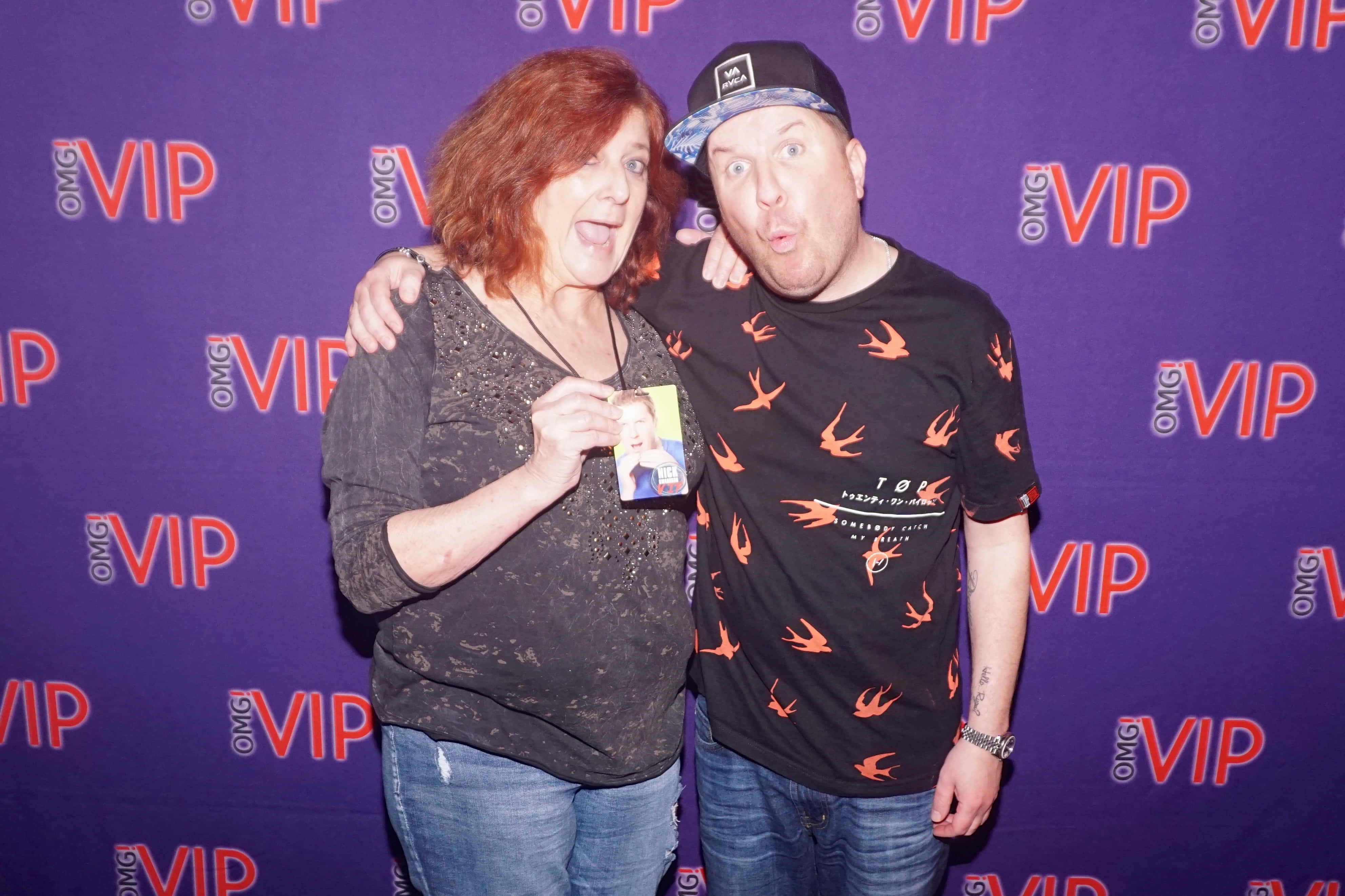 Nick Swardson, purple VIP backdrop, orange text, 4K Desktop Wallpaper