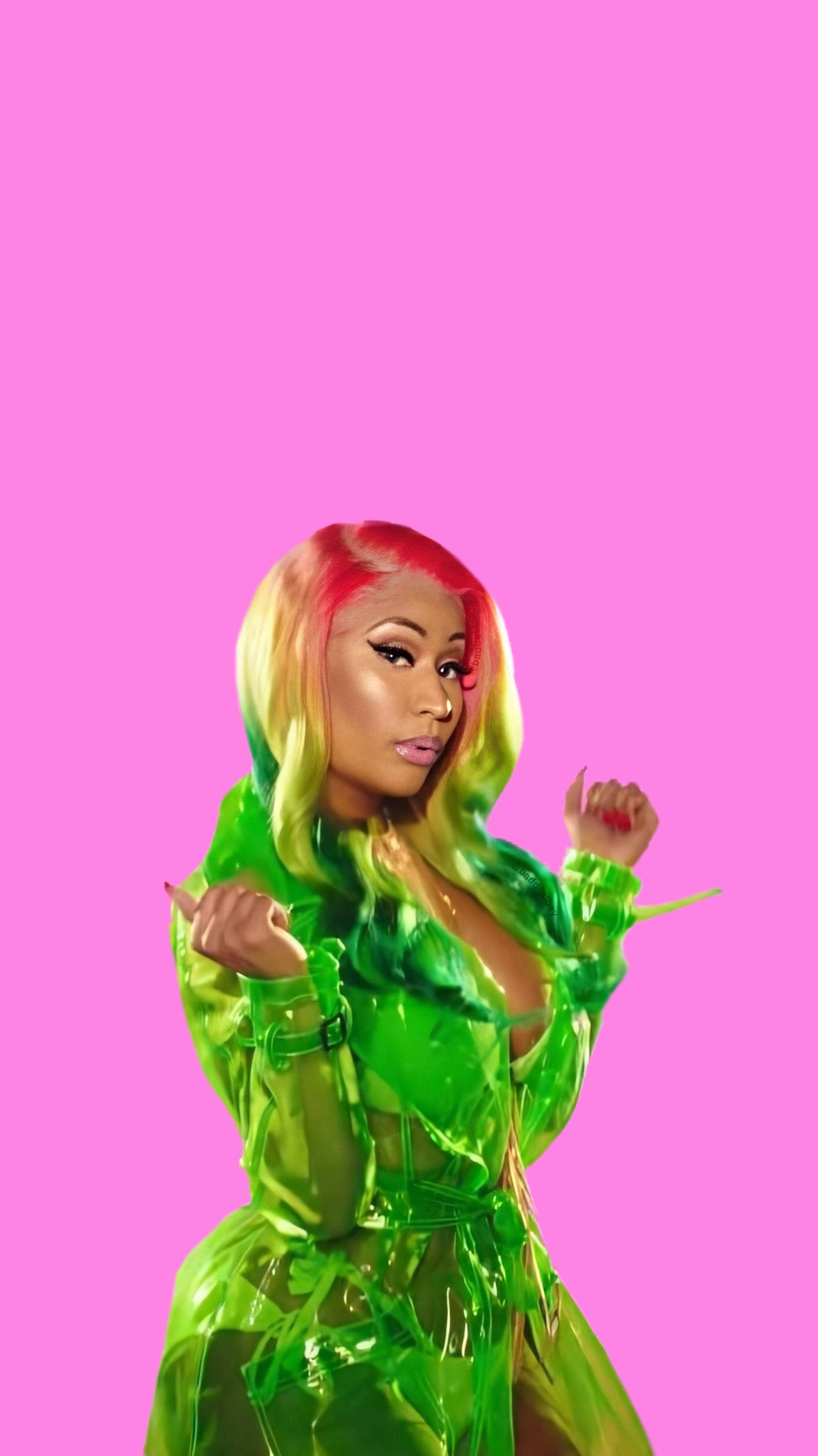 Nicki Minaj, rainbow hair, shiny green outfit, 2K Phone Wallpaper