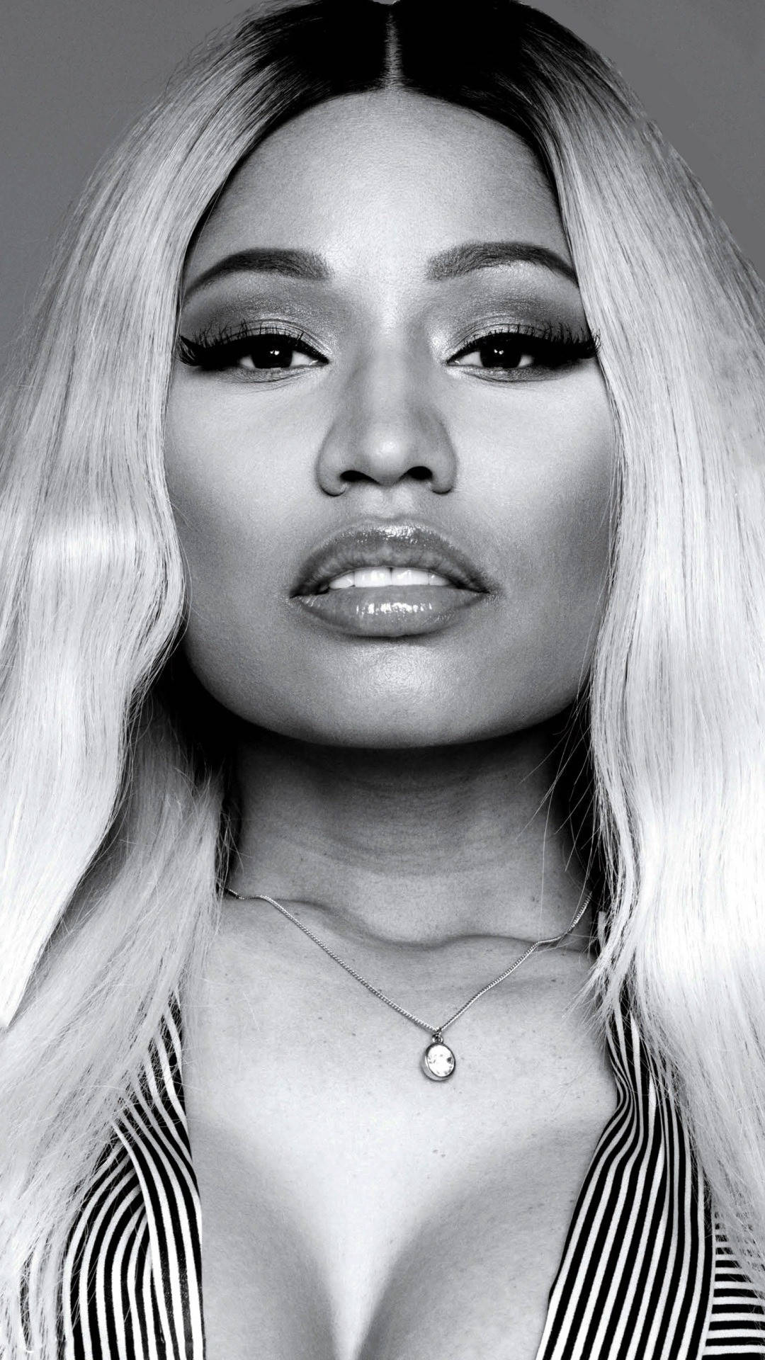 Nicki Minaj, black and white portrait, long blonde hair, Full HD Phone Wallpaper