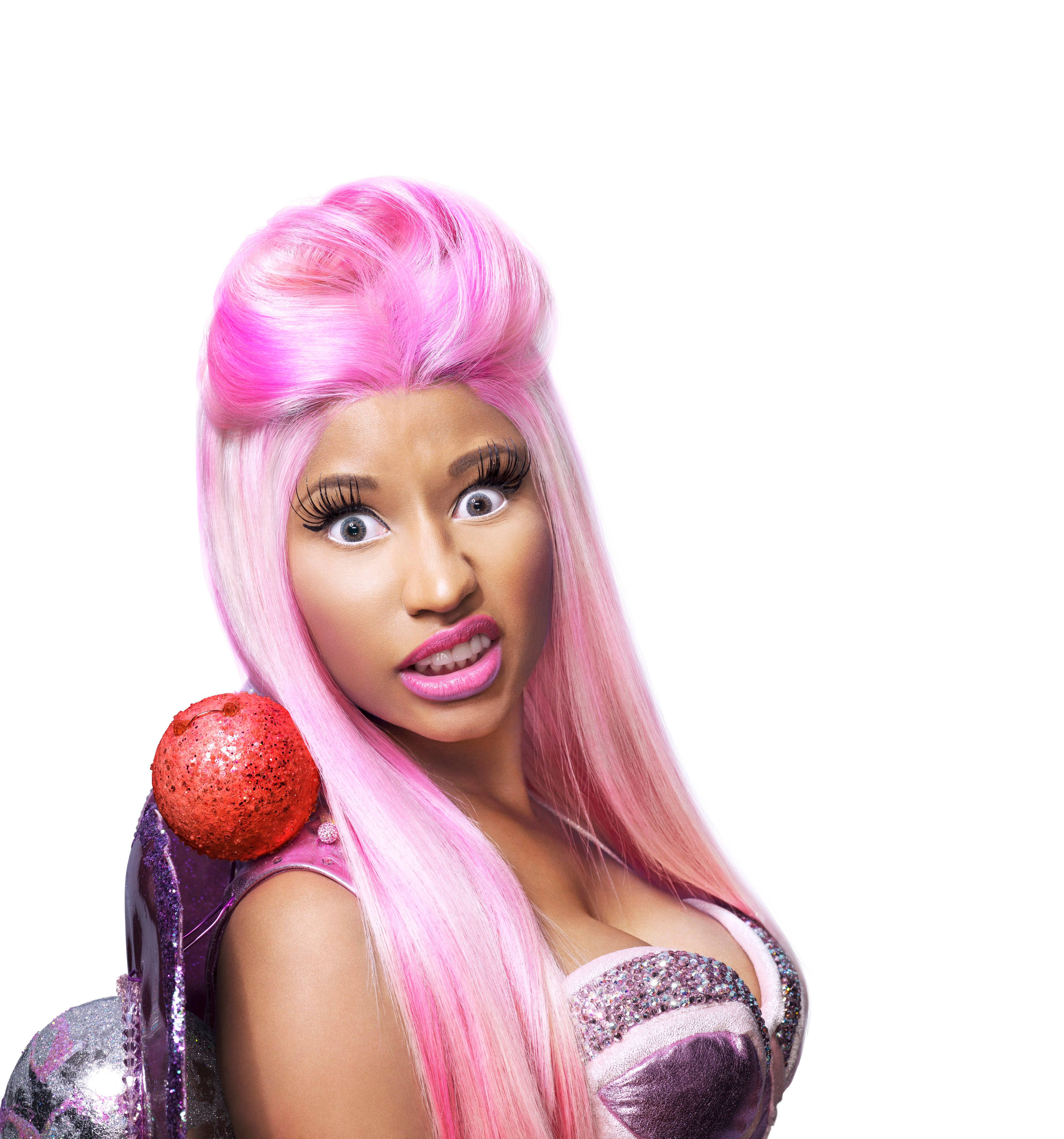 Nicki Minaj, vibrant pink hair, glittery outfit, 4K Phone Wallpaper