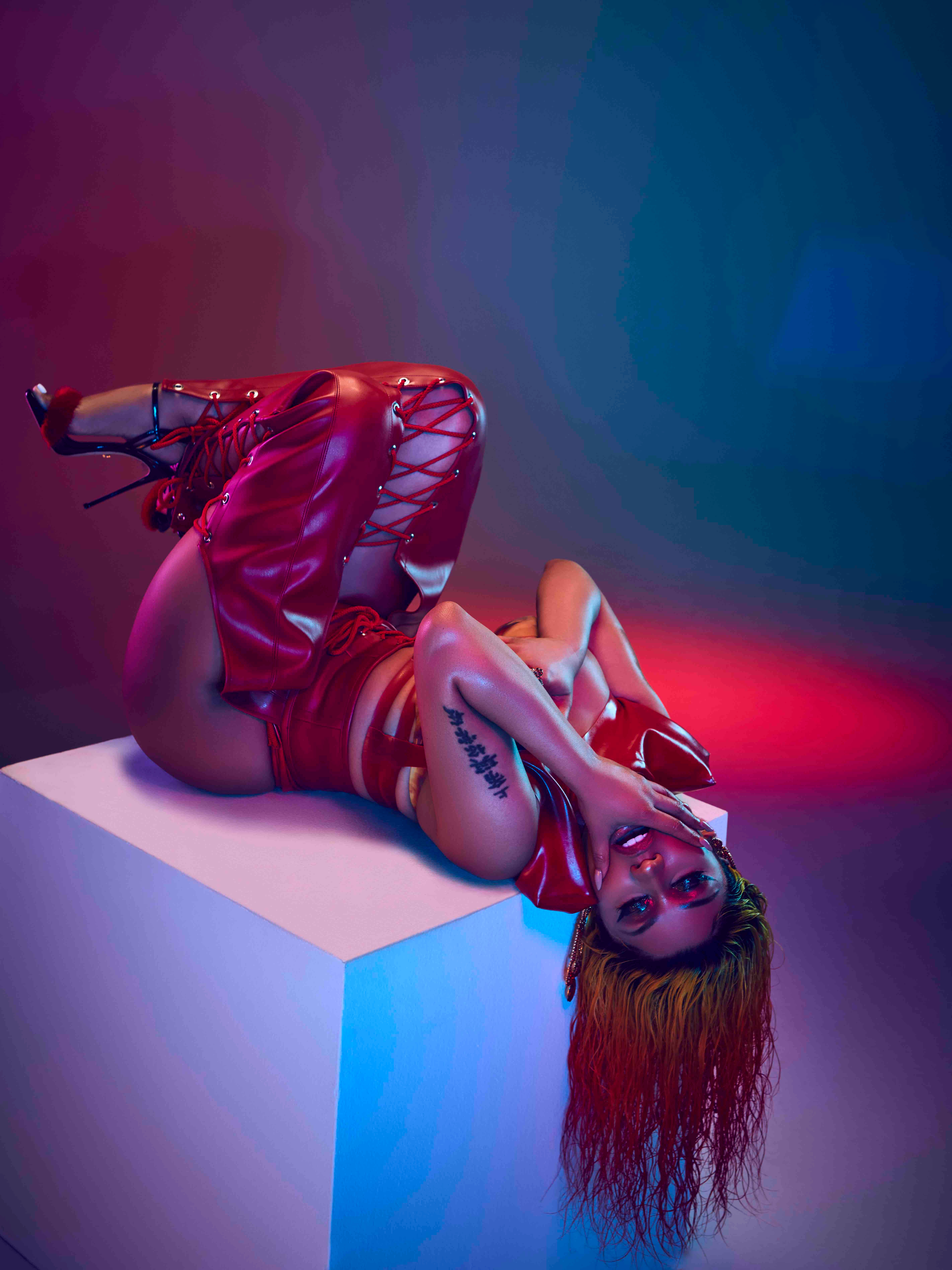 red leather, glossy red lingerie, white cube, 5K Phone Wallpaper