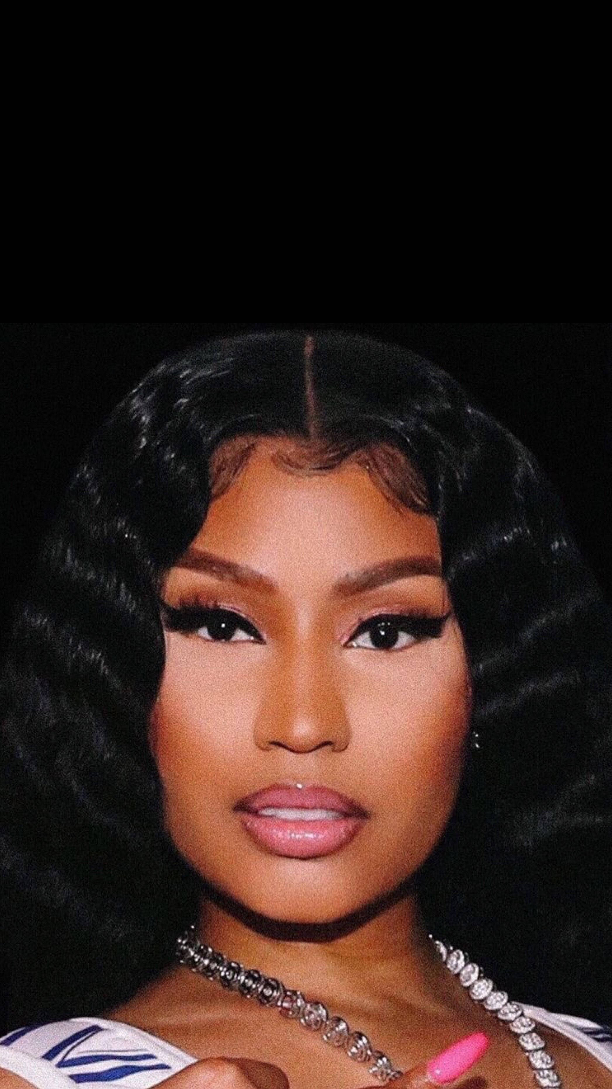 Nicki Minaj, voluminous black curls, bold makeup, 2K Phone Wallpaper