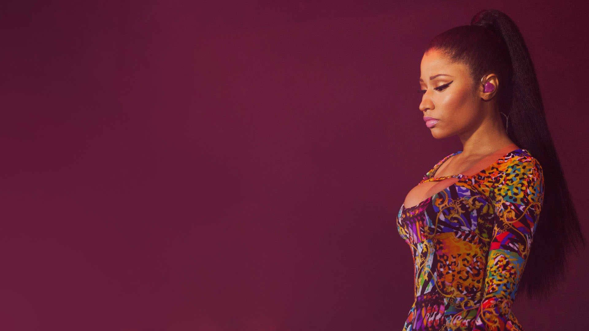Nicki Minaj, vibrant patterned dress, deep purple background, Full HD Desktop Wallpaper