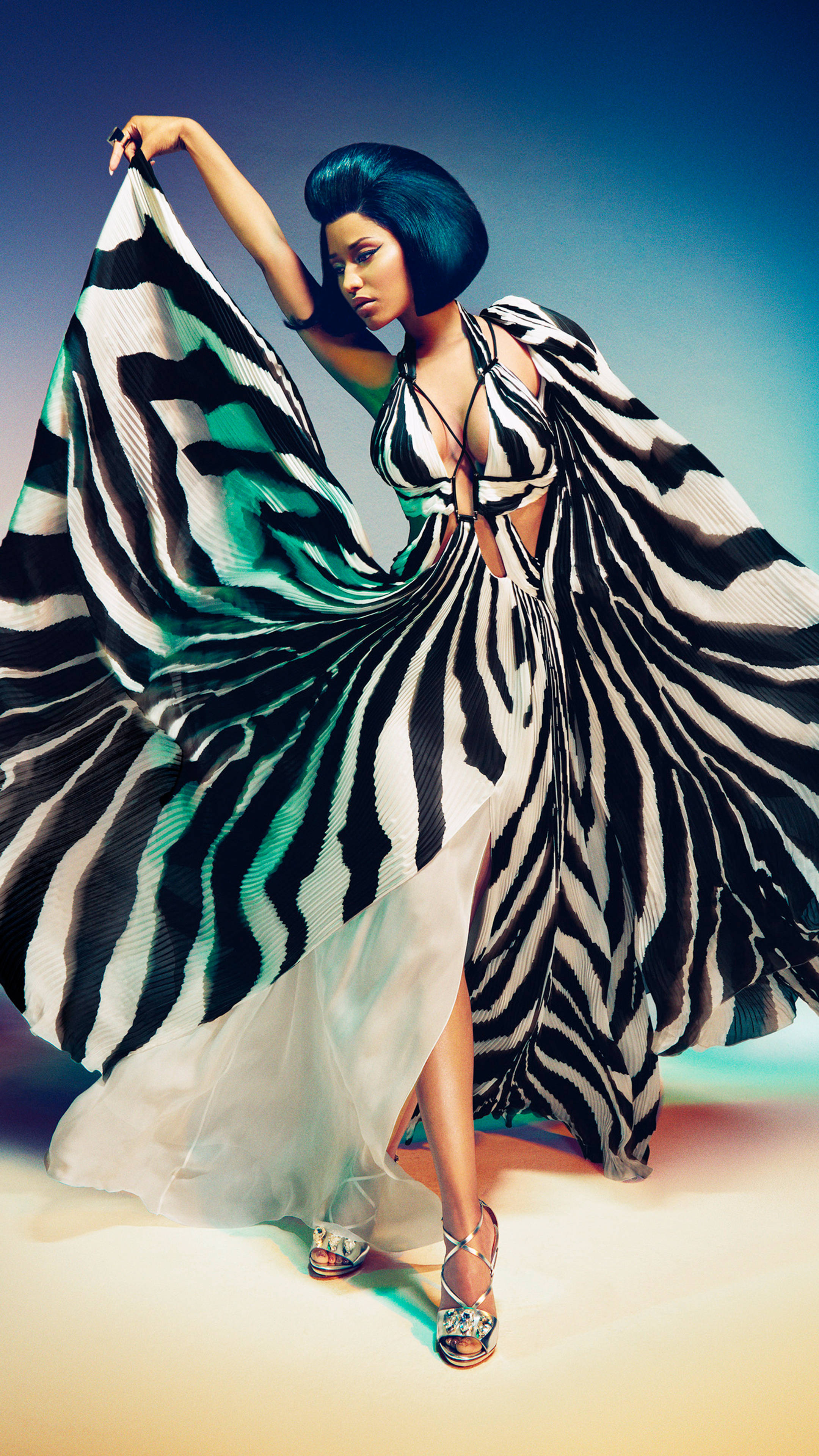 Nicki Minaj, blue bob, zebra-striped gown, 4K Phone Wallpaper