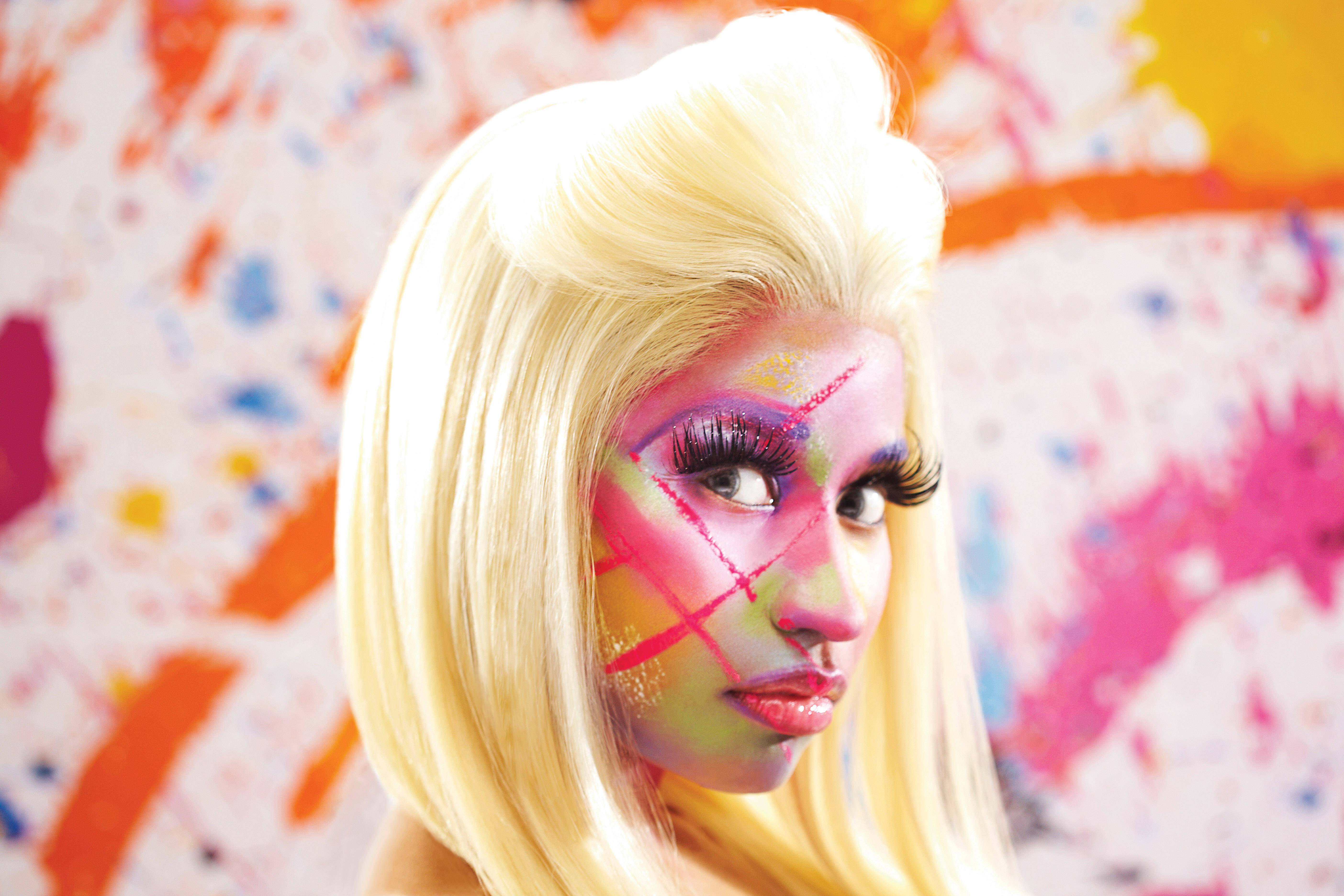 Nicki Minaj, blonde wig, vibrant colorful face paint, 5K Desktop Wallpaper