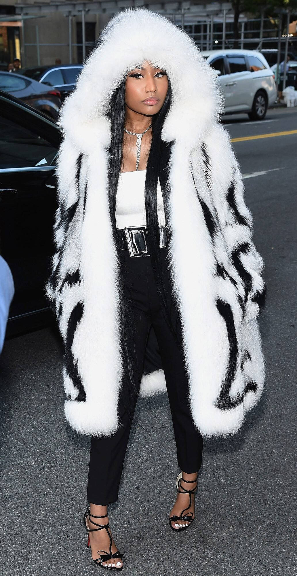 Nicki Minaj, animal fur coat, black and white fur coat, Full HD Phone Wallpaper