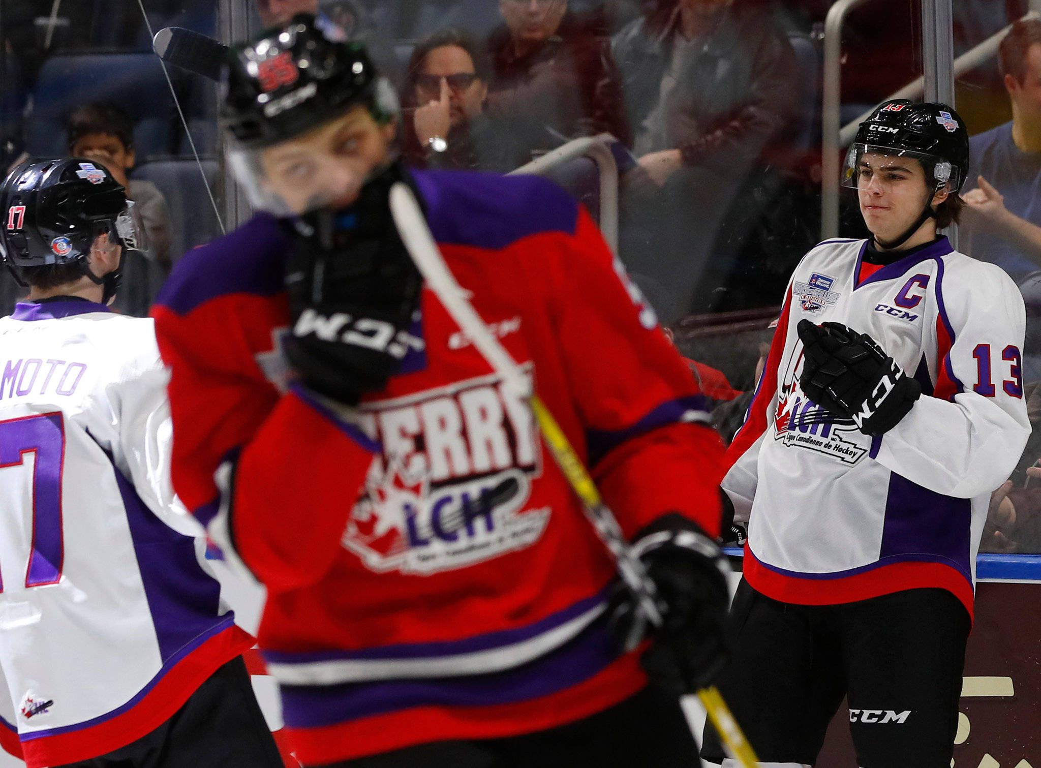 Nico Hischier, red white and purple jerseys, ice, Full HD Desktop Wallpaper