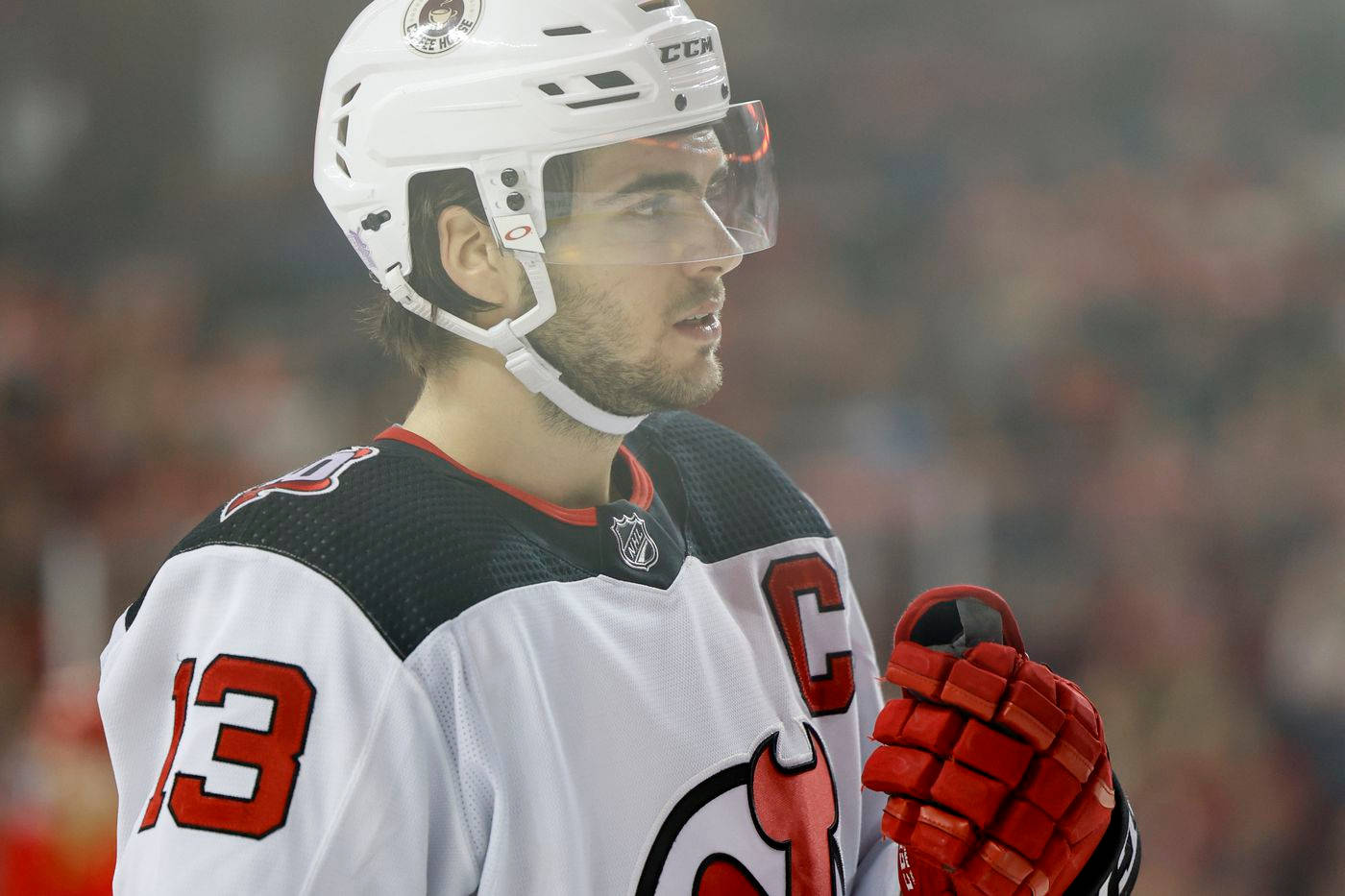 Nico Hischier, white jersey, red number 13, HD Desktop Wallpaper