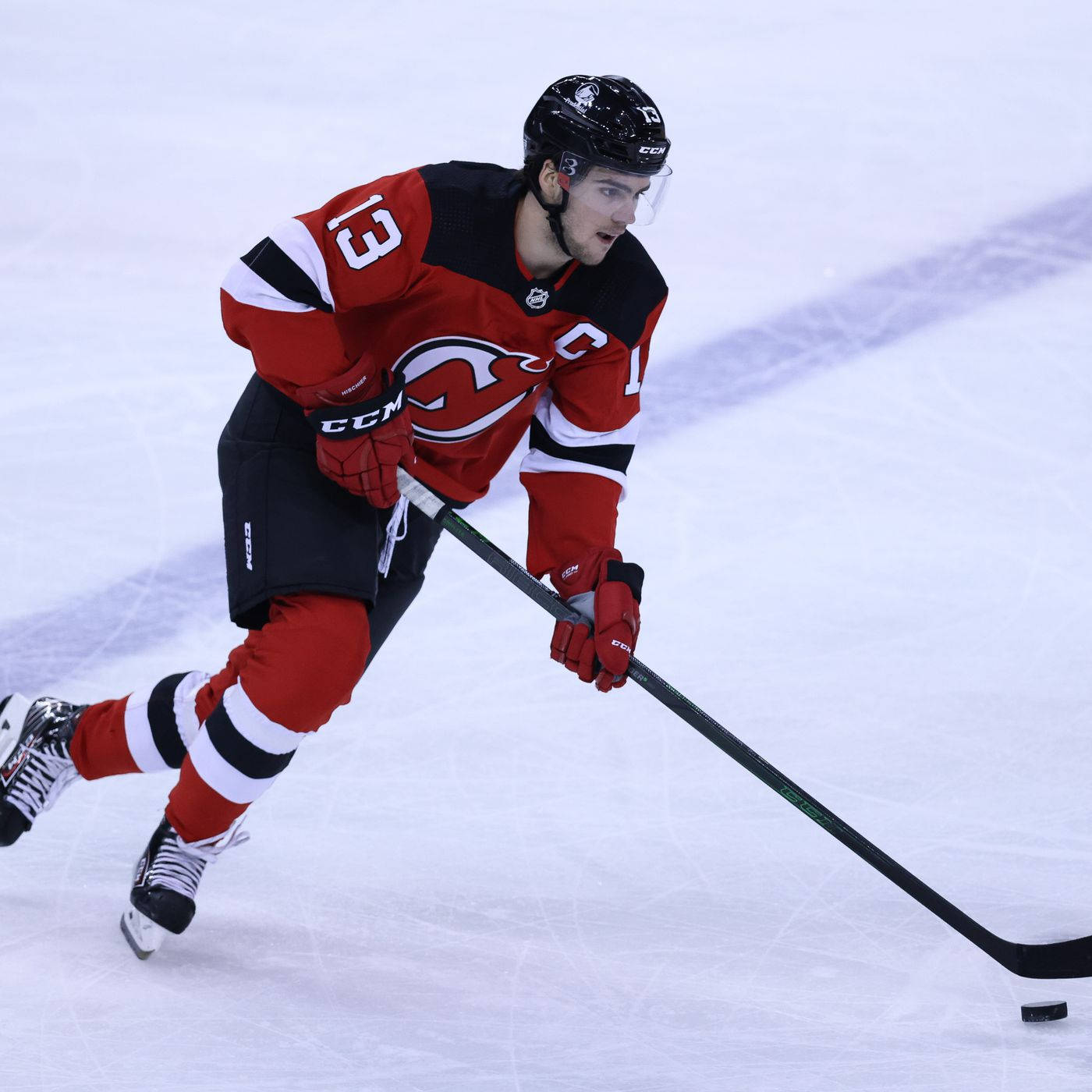 Nico Hischier, hockey stick, red and black uniform, HD Desktop Wallpaper