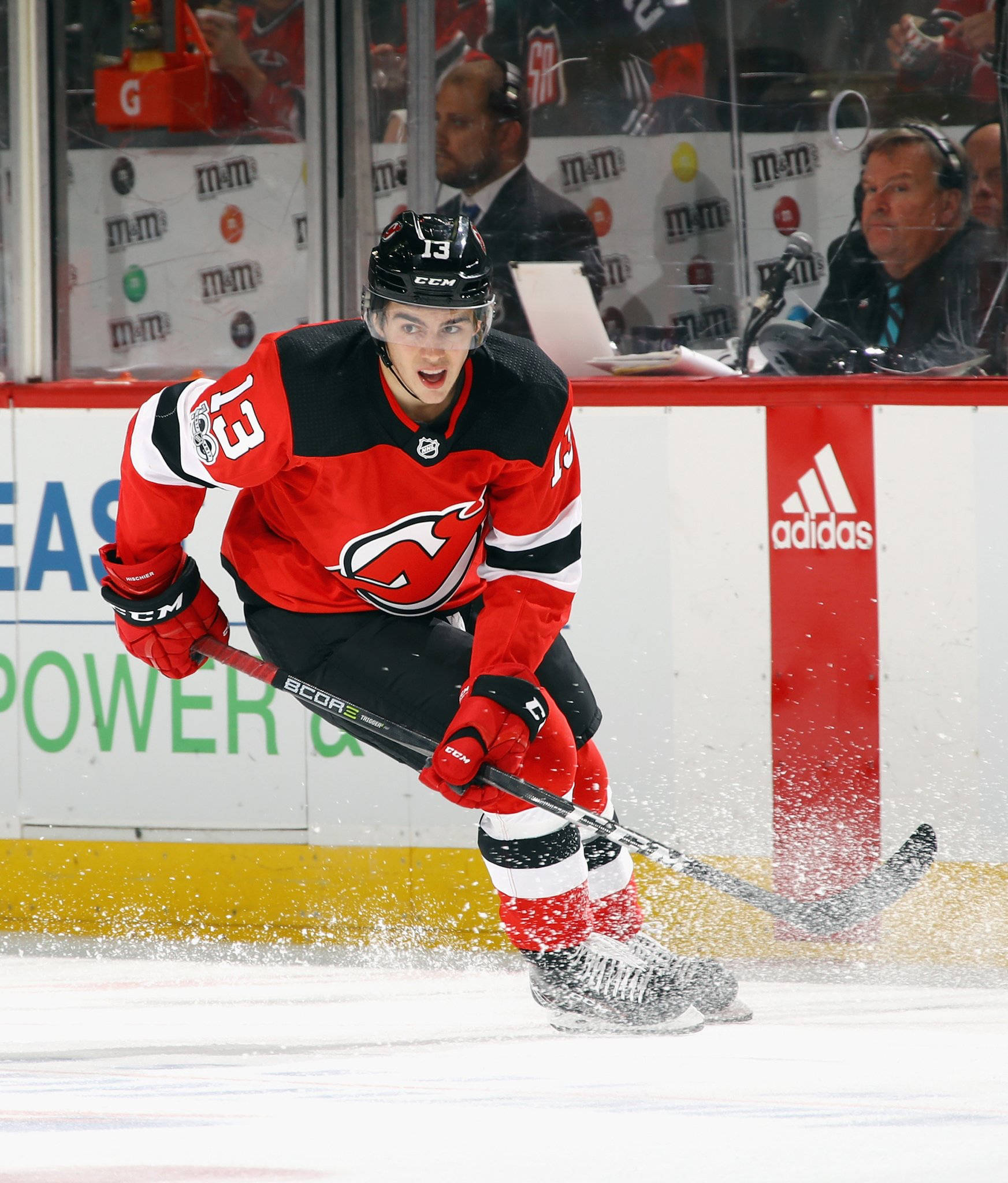 Nico Hischier, red and black uniform, ice, Full HD Phone Wallpaper