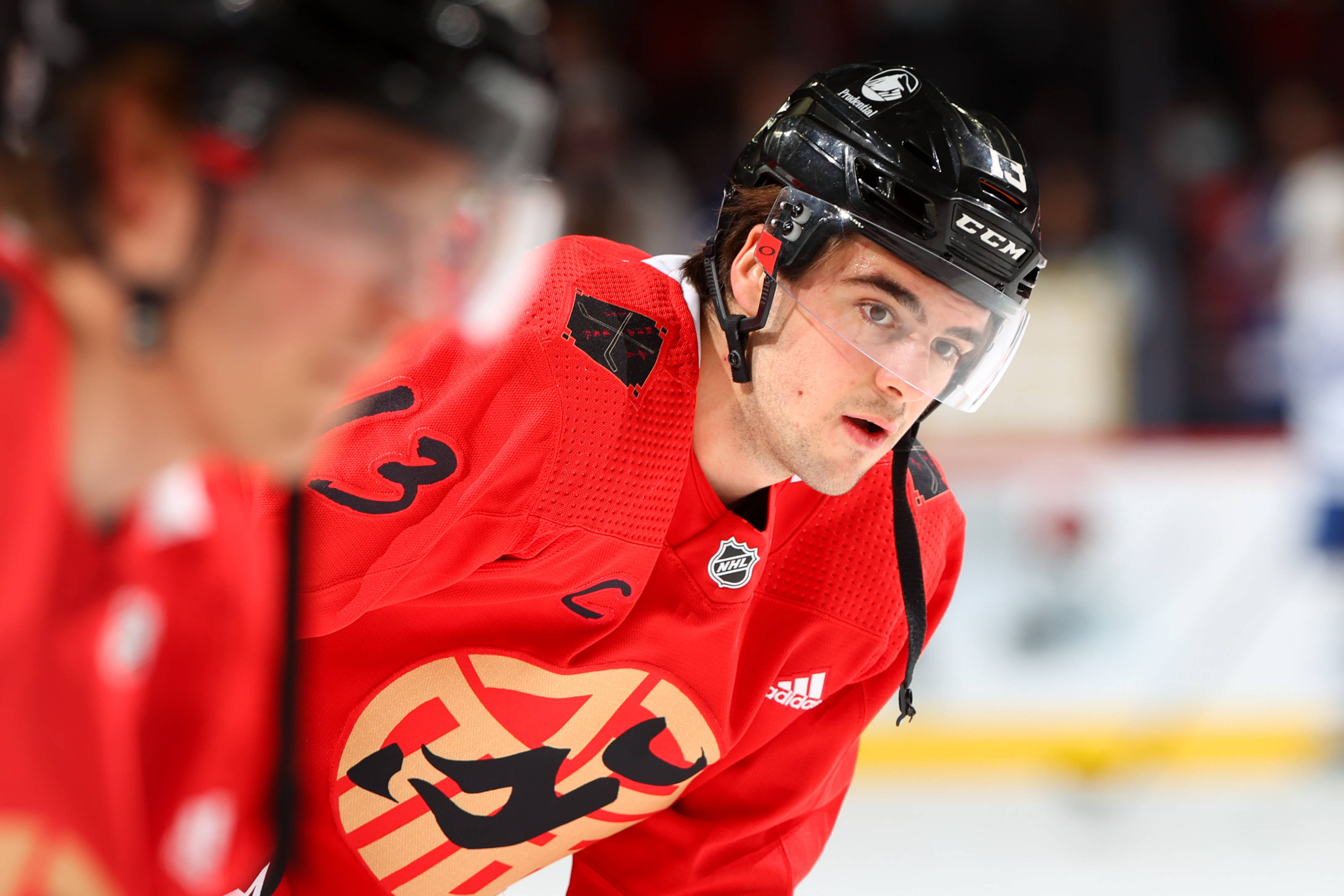 Nico Hischier, red jersey, ice, 2K Desktop Wallpaper