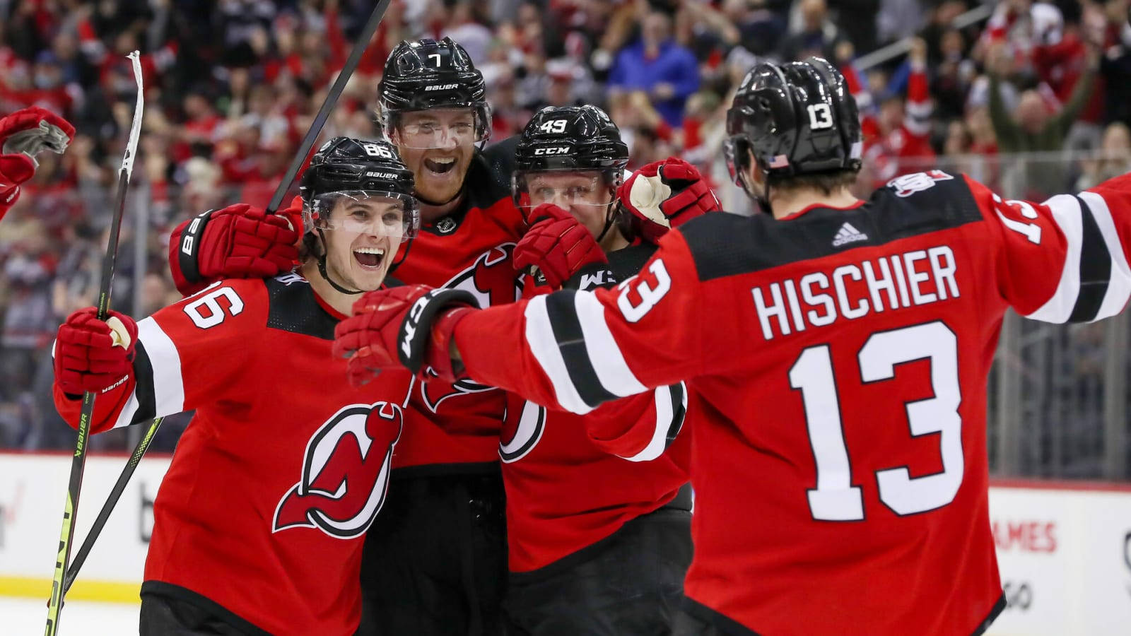 Nico Hischier, red jerseys, ice, HD Desktop Wallpaper