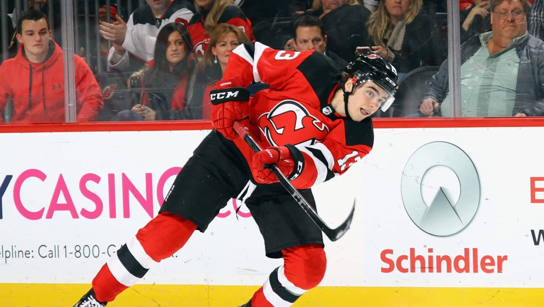 Nico Hischier, rink, red and black uniform, HD Desktop Wallpaper