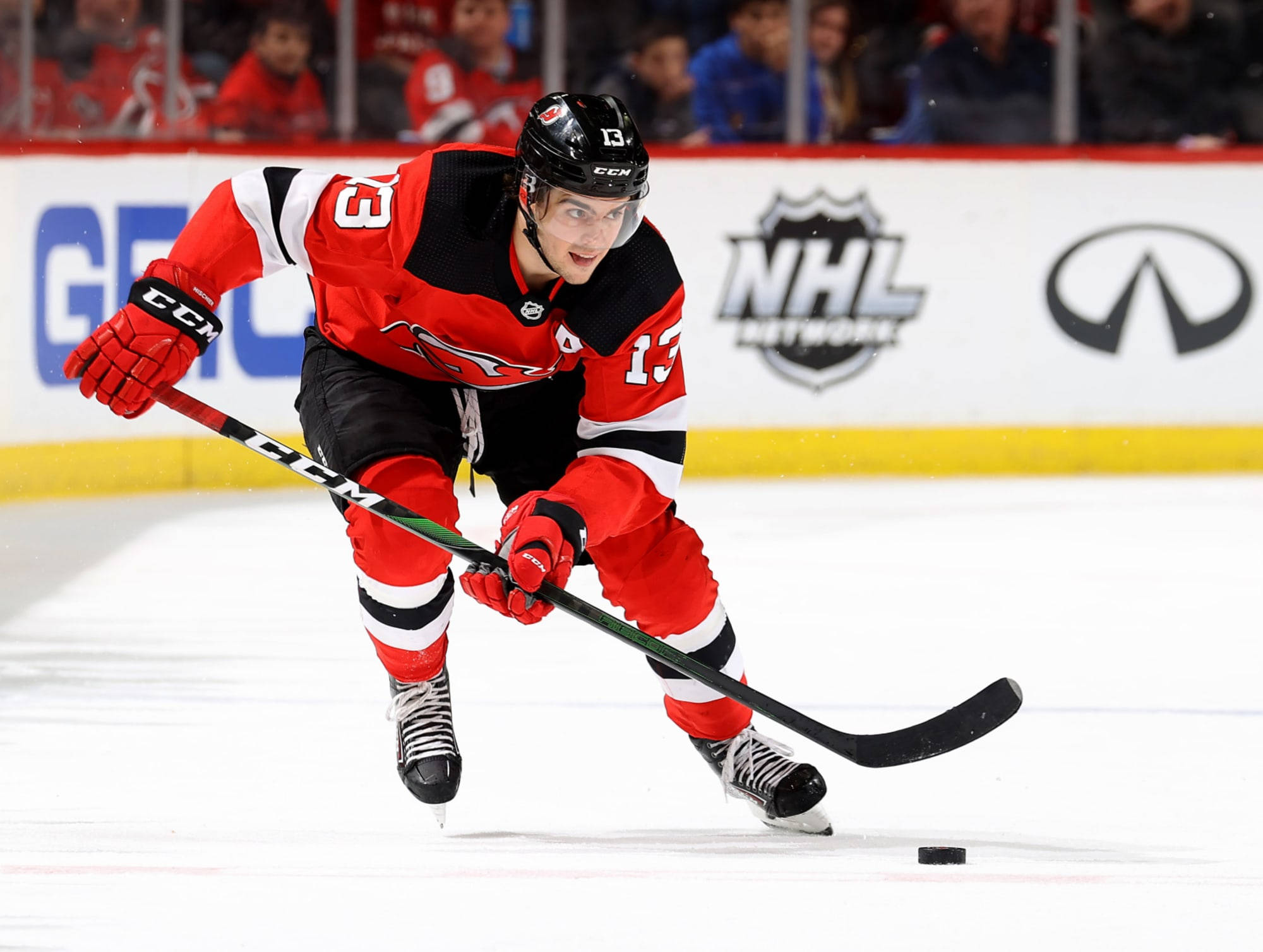 Nico Hischier, red and black uniform, skating with stick on ice, Full HD Desktop Wallpaper