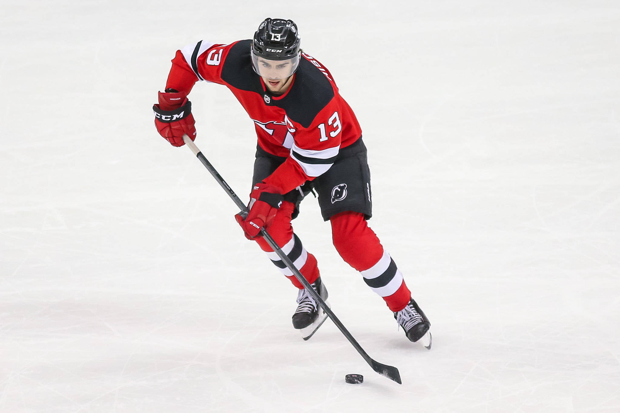 Nico Hischier, red and black uniform, ice rink, Full HD Desktop Wallpaper