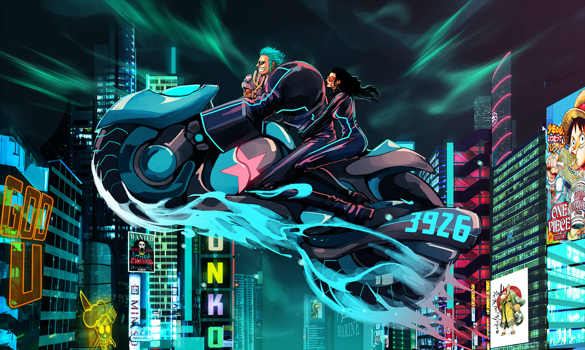 Nico Robin, One Piece, cyberpunk motorbike, Full HD Desktop Wallpaper