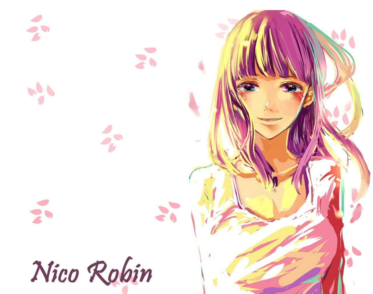 Nico Robin, vibrant purple and yellow hair, pink cherry blossoms, HD Desktop Wallpaper