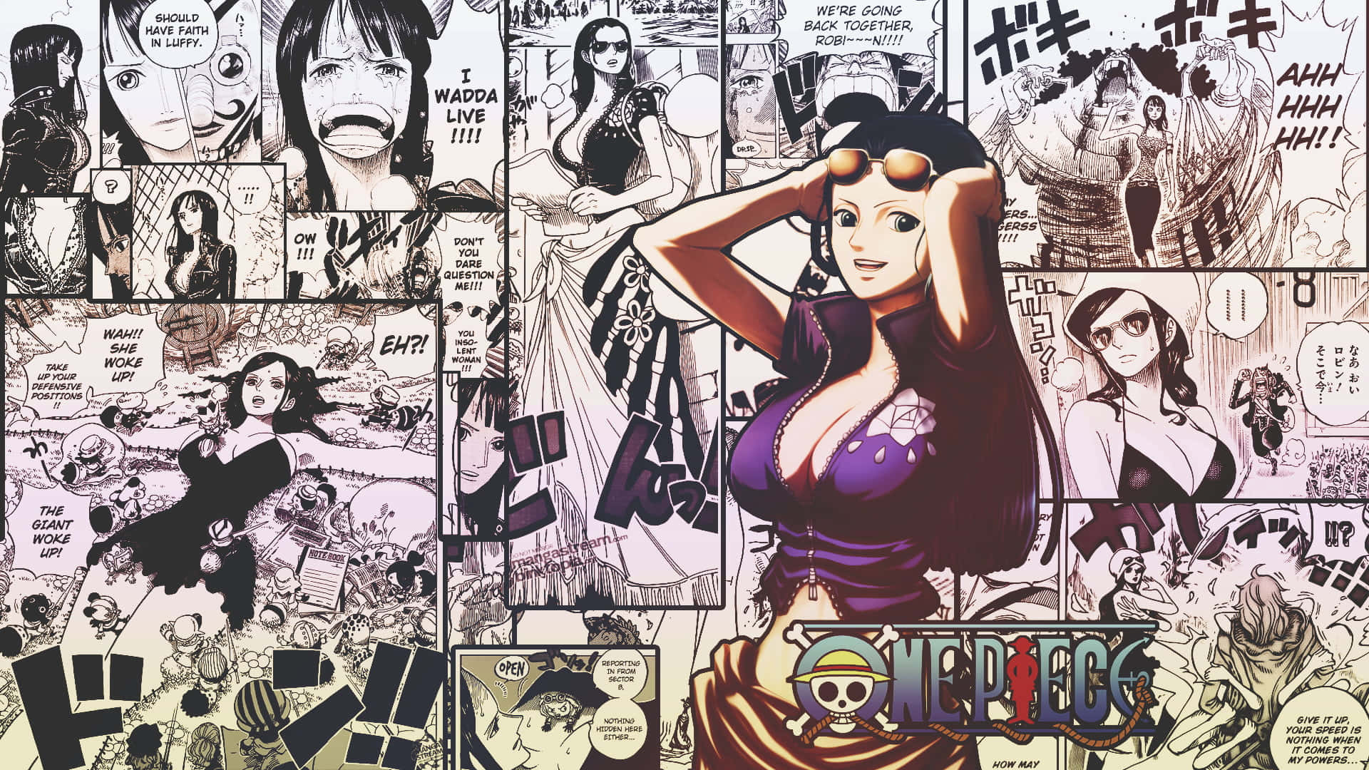 Nico Robin, purple top, manga collage, Full HD Desktop Wallpaper