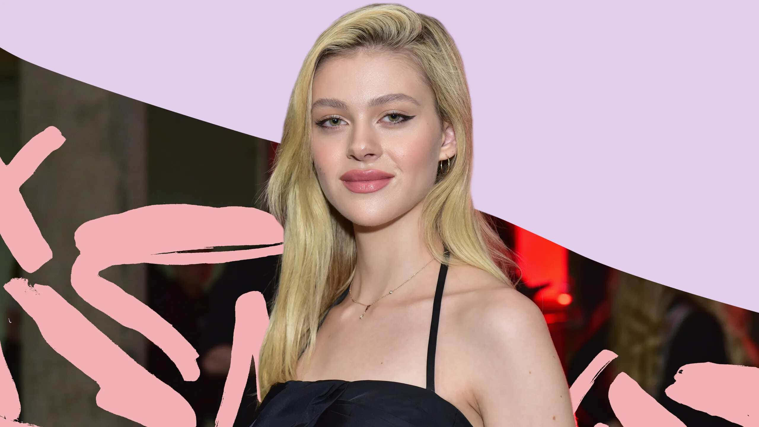 Nicola Peltz, black dress, pink and purple abstract background, 2K Desktop Wallpaper