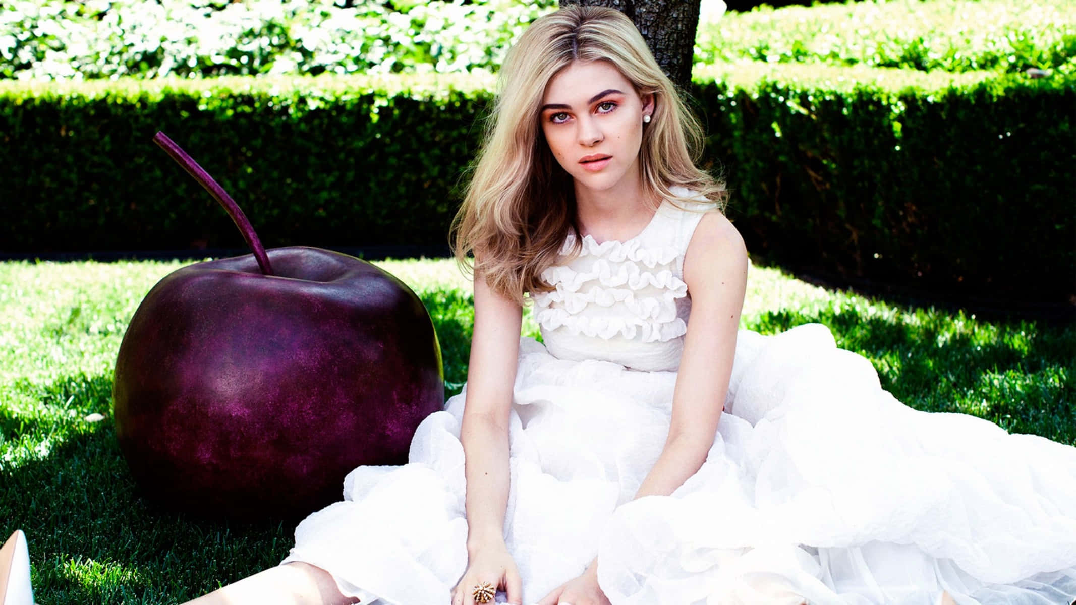 Nicola Peltz, white dress, giant purple apple, Full HD Desktop Wallpaper