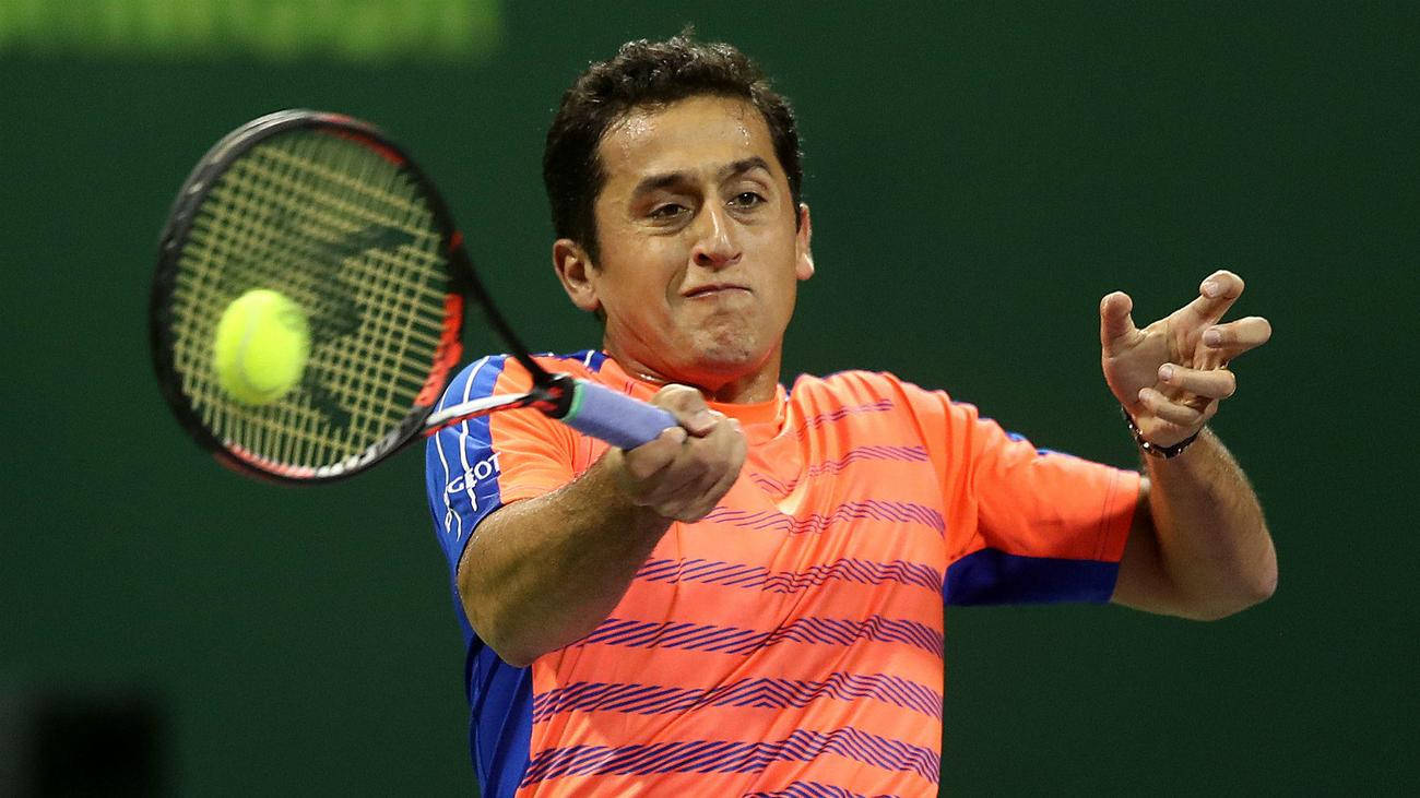 Nicolas Almagro, orange striped shirt, bright yellow tennis ball, HD Desktop Wallpaper