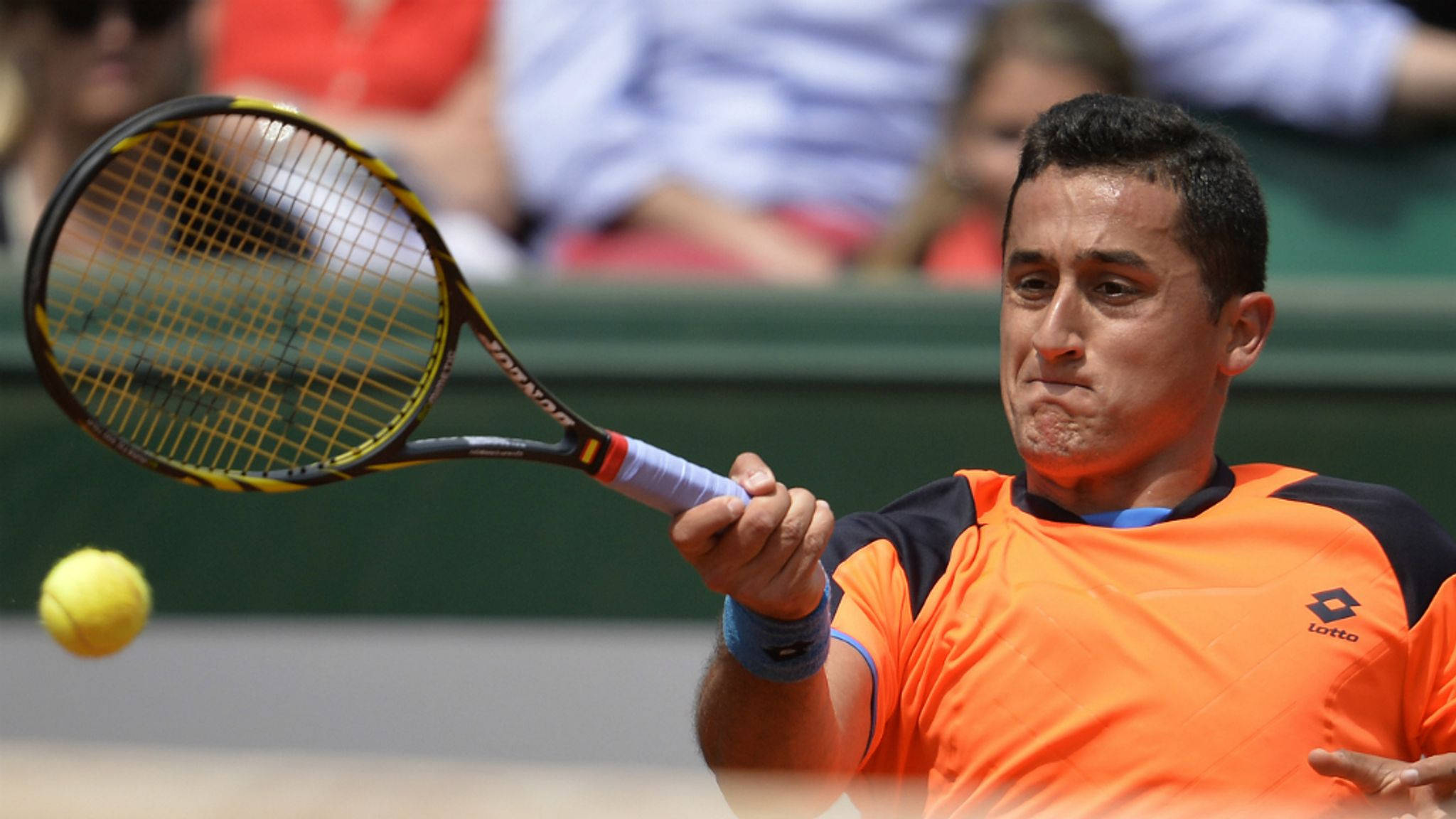 Nicolas Almagro, orange shirt, yellow ball, Full HD Desktop Wallpaper