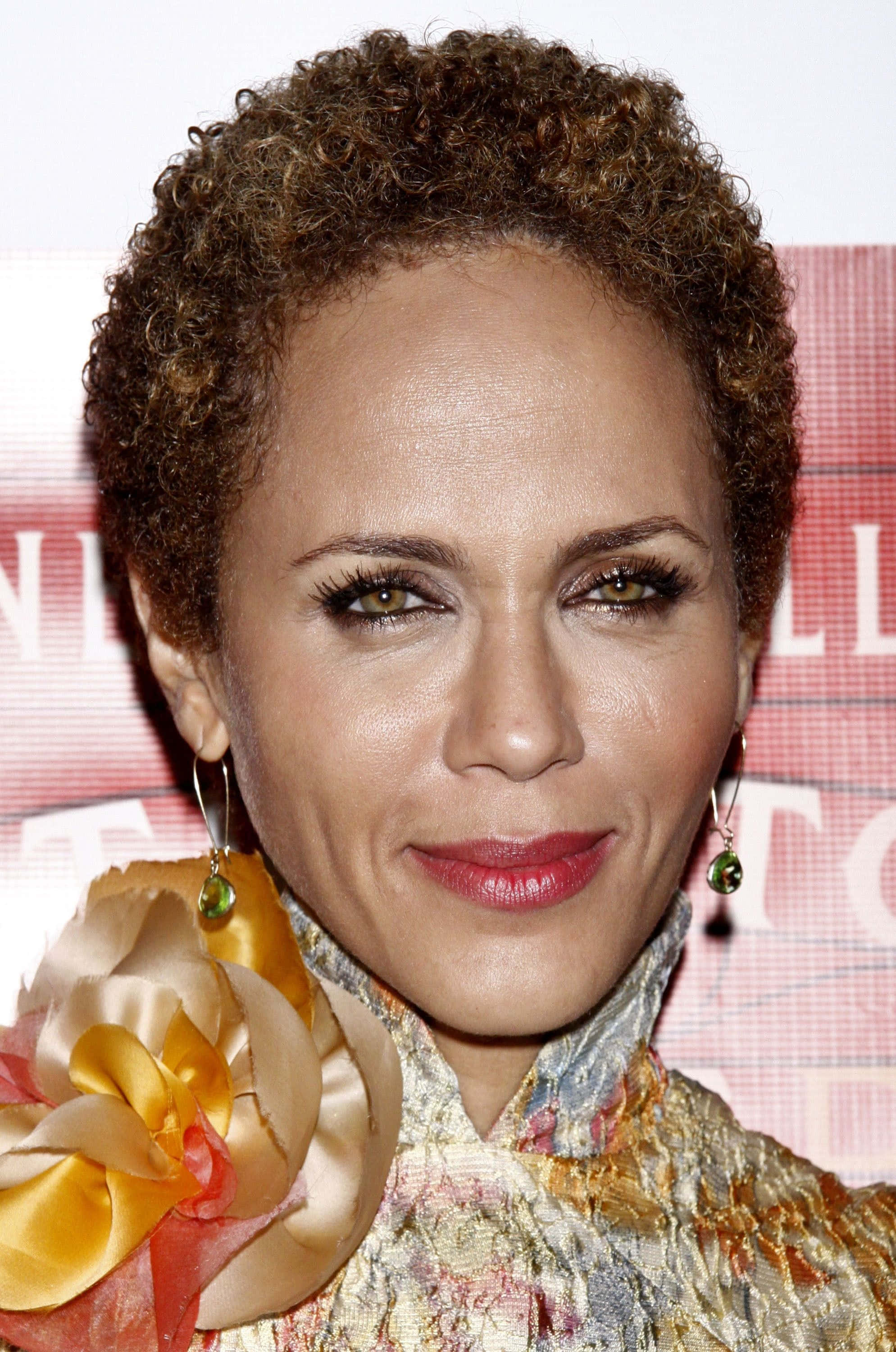 Nicole Ari Parker, curly brown hair, gold floral garment, 2K Phone Wallpaper