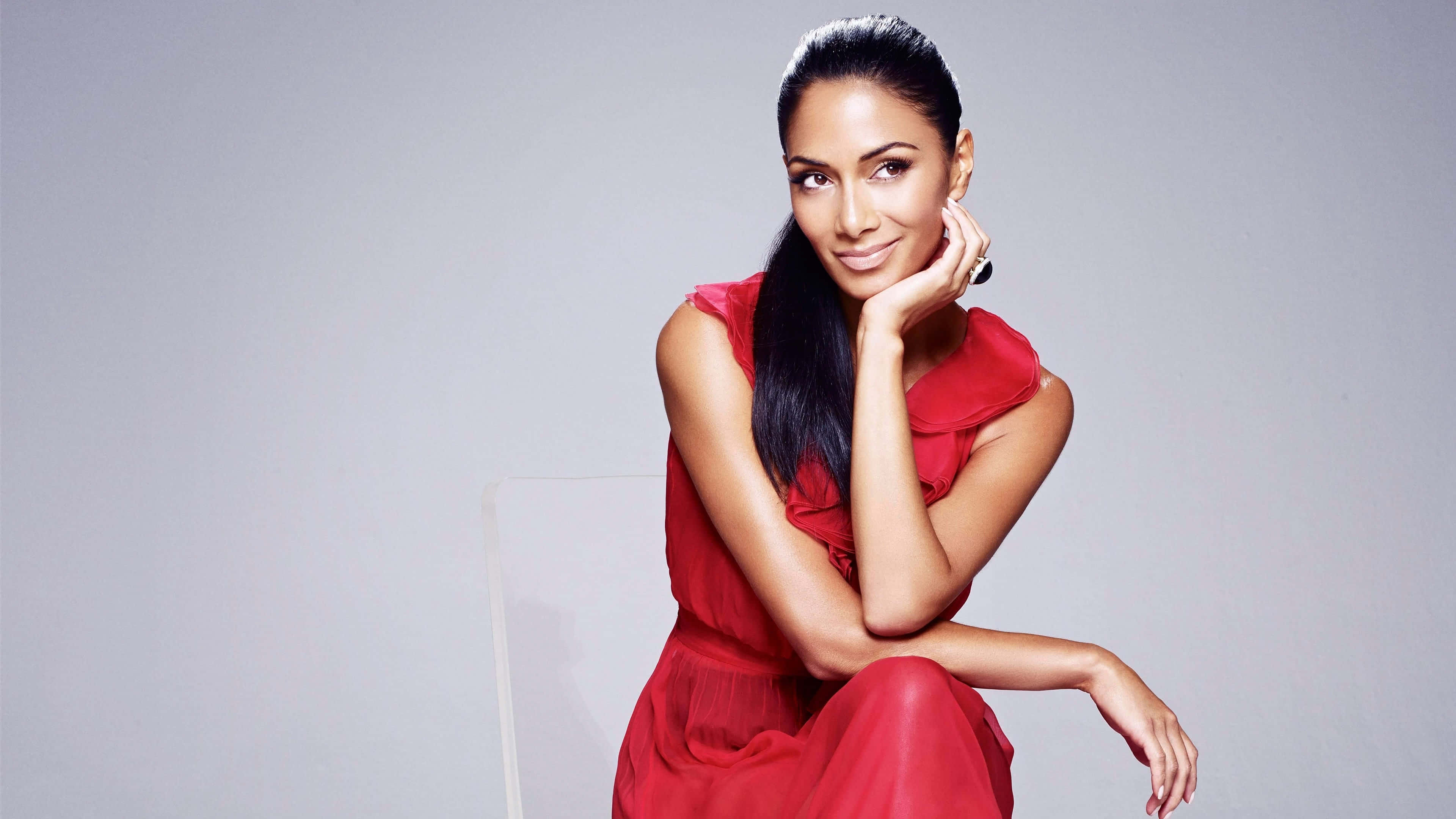 Nicole Scherzinger, vibrant red dress, plain gray background, 4K Desktop Wallpaper
