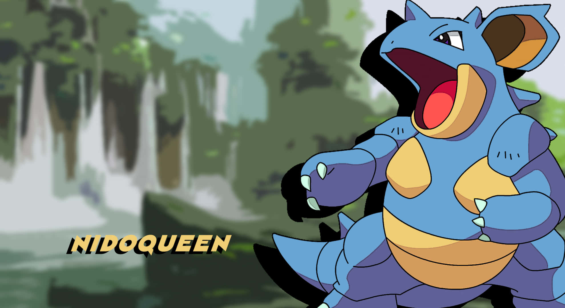 Nidoqueen, waterfall, misty forest, Full HD Desktop Wallpaper