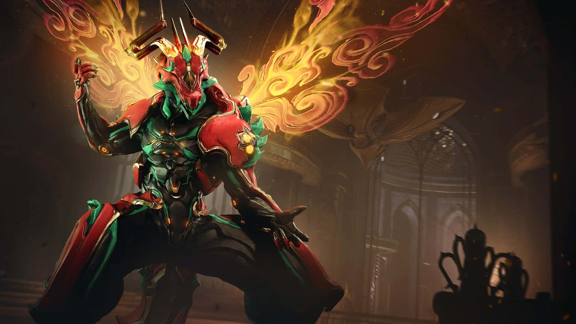 Nidus Warframe, infested power, fiery red and green armored dragon warrior, Full HD Desktop Wallpaper