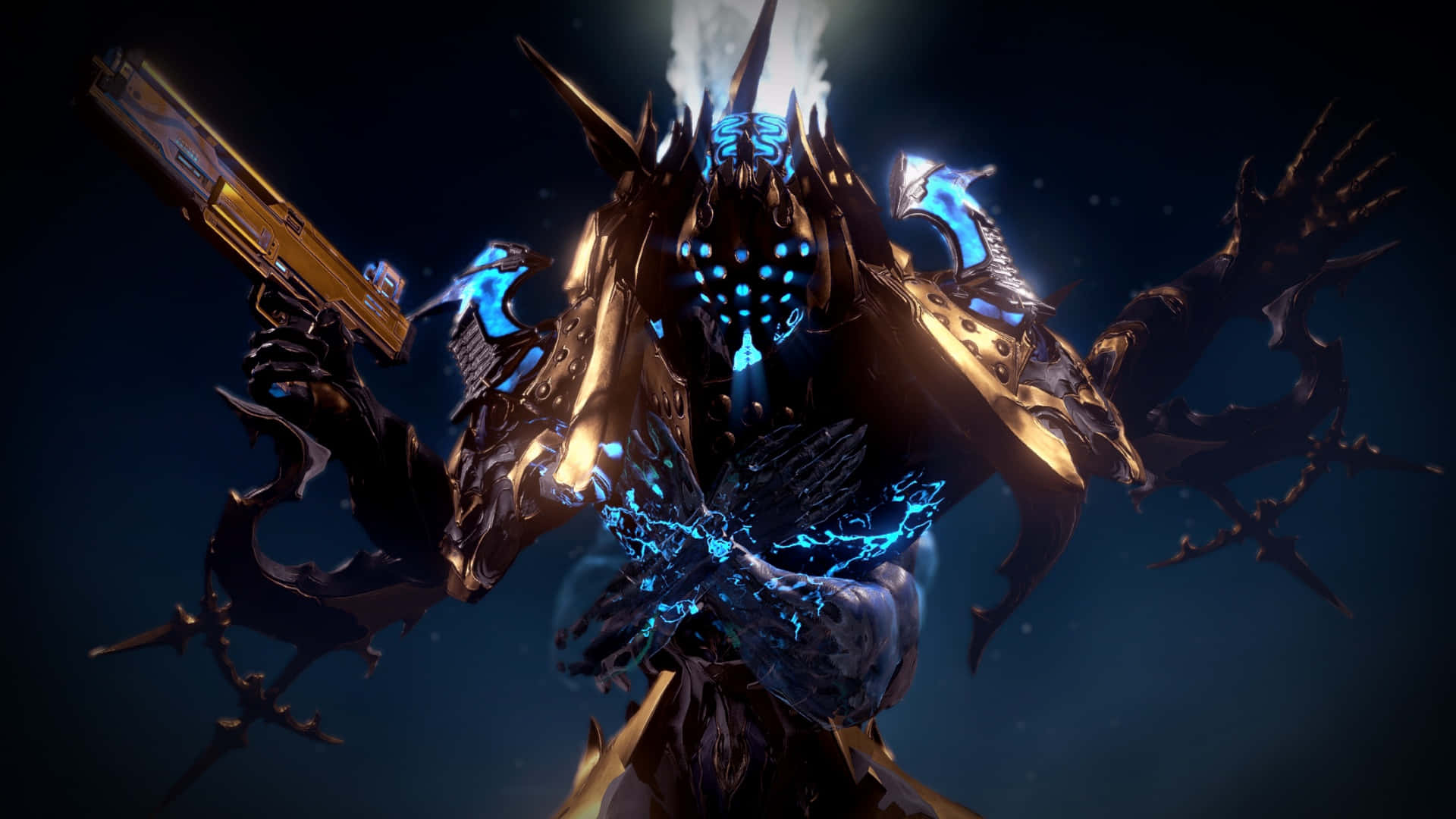 Nidus Warframe, glowing blue eyes, energy crackles, Full HD Desktop Wallpaper