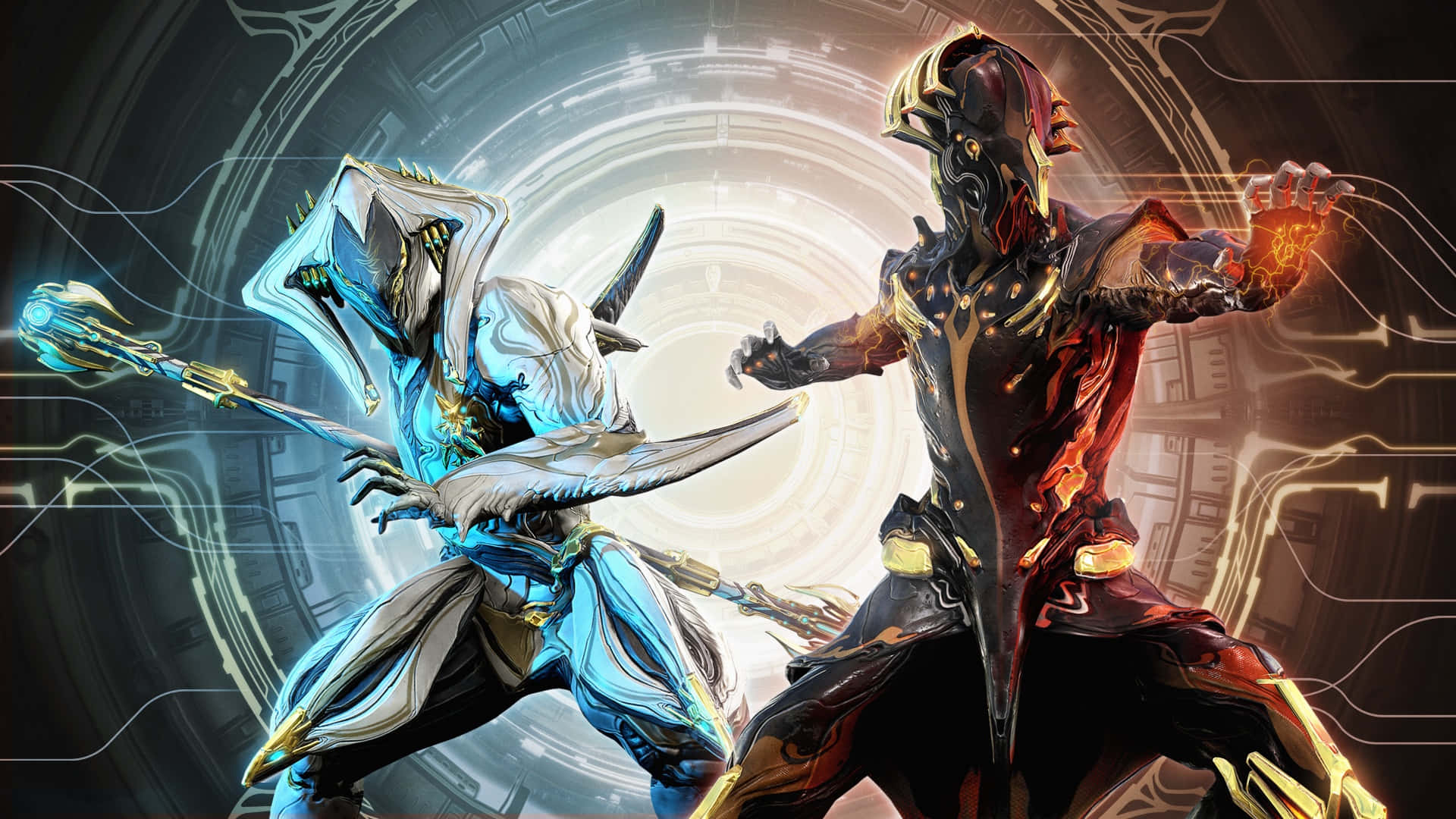 Nidus Warframe, futuristic arena, glowing blue, Full HD Desktop Wallpaper