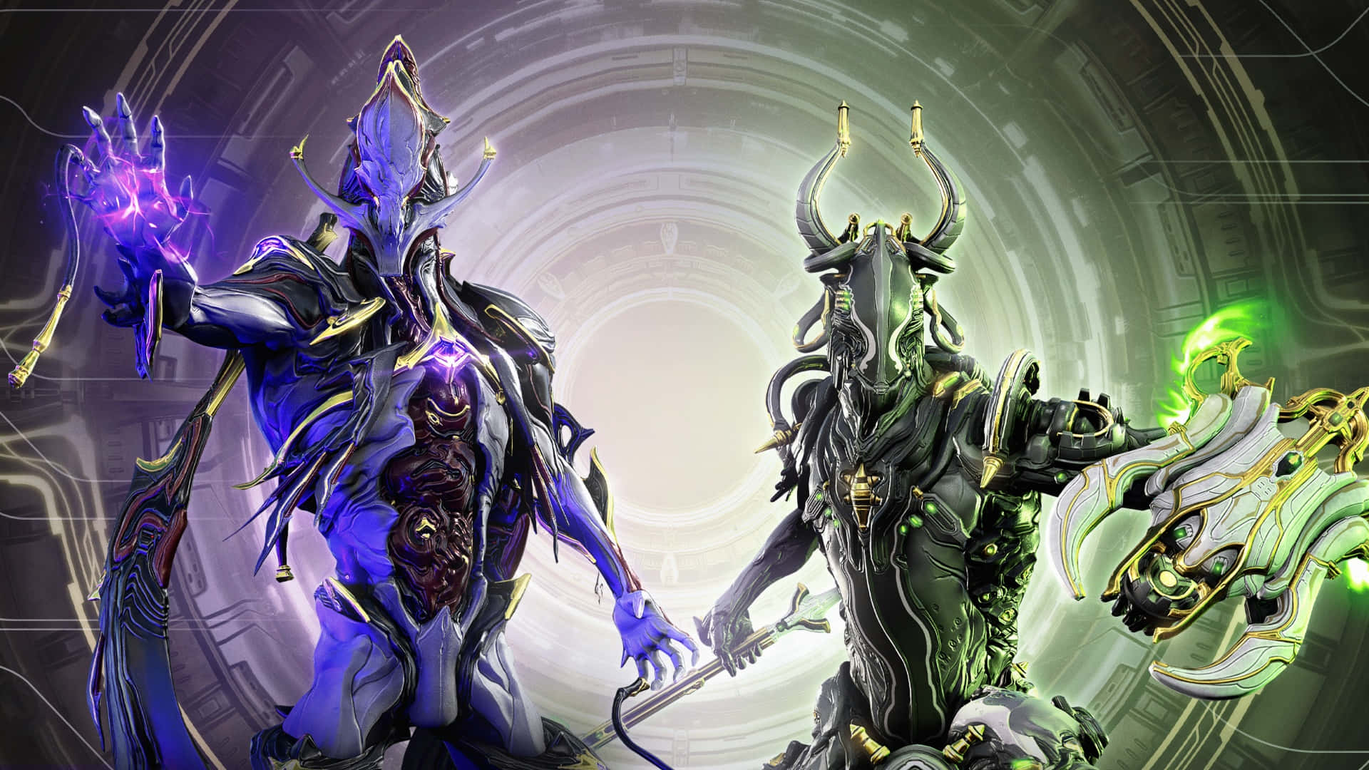 Nidus Warframe, glowing purple and green energy, futuristic circular chamber, Full HD Desktop Wallpaper