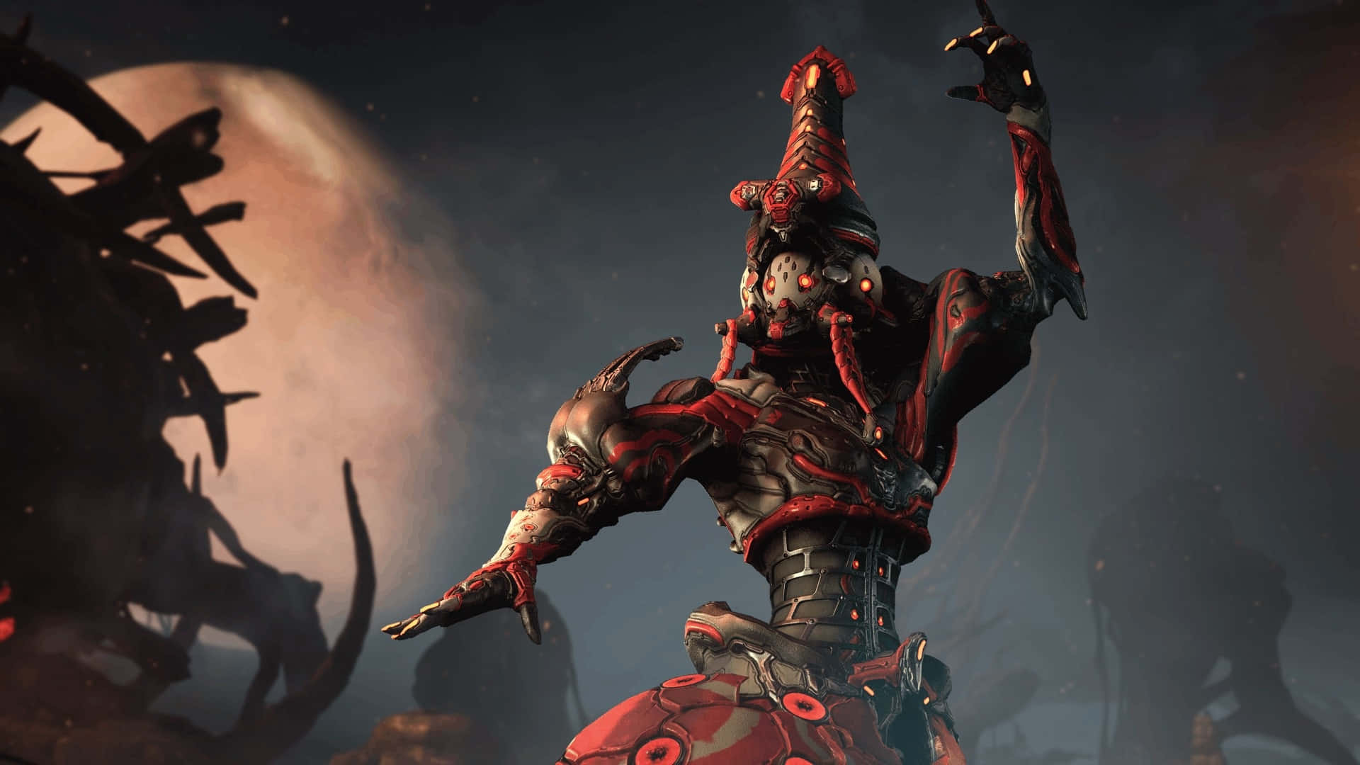 Nidus Warframe, infested power, glowing red eyes, Full HD Desktop Wallpaper