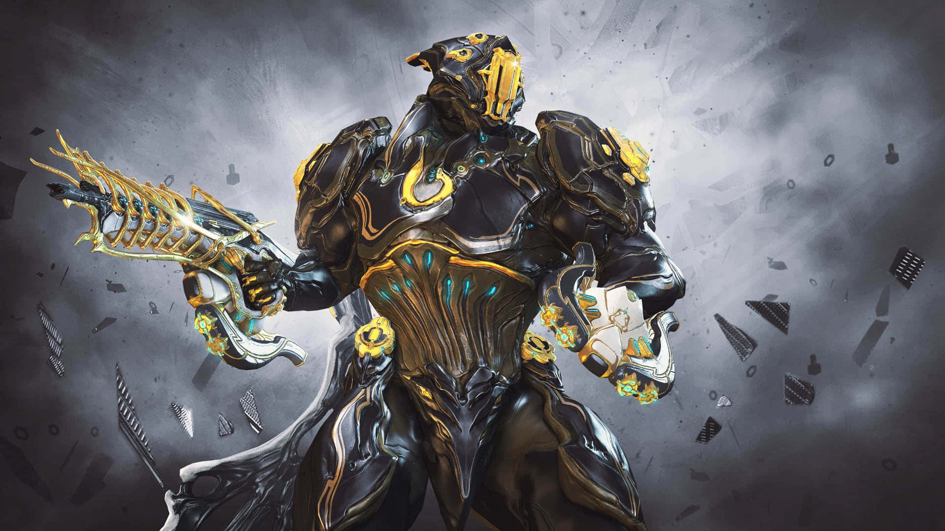 Nidus Warframe, black and gold armor, futuristic weapon, Full HD Desktop Wallpaper