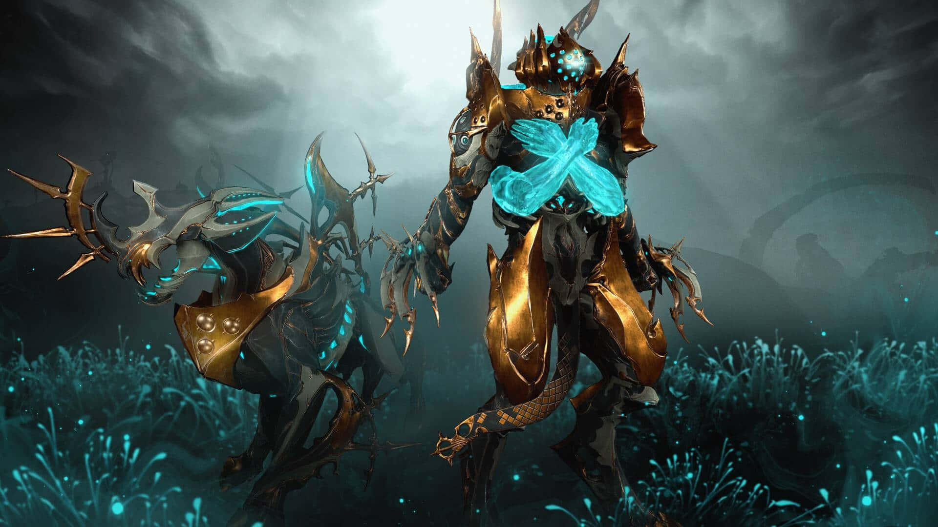 Nidus Warframe, glowing blue chestplate, misty teal grass, Full HD Desktop Wallpaper