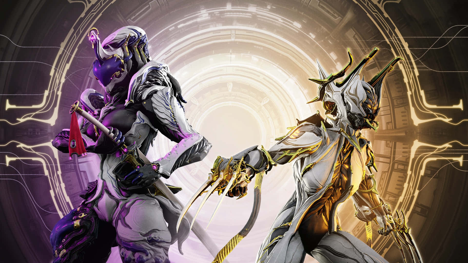 Nidus Warframe, glowing circular sci-fi corridor, neon circuit patterns, Full HD Desktop Wallpaper