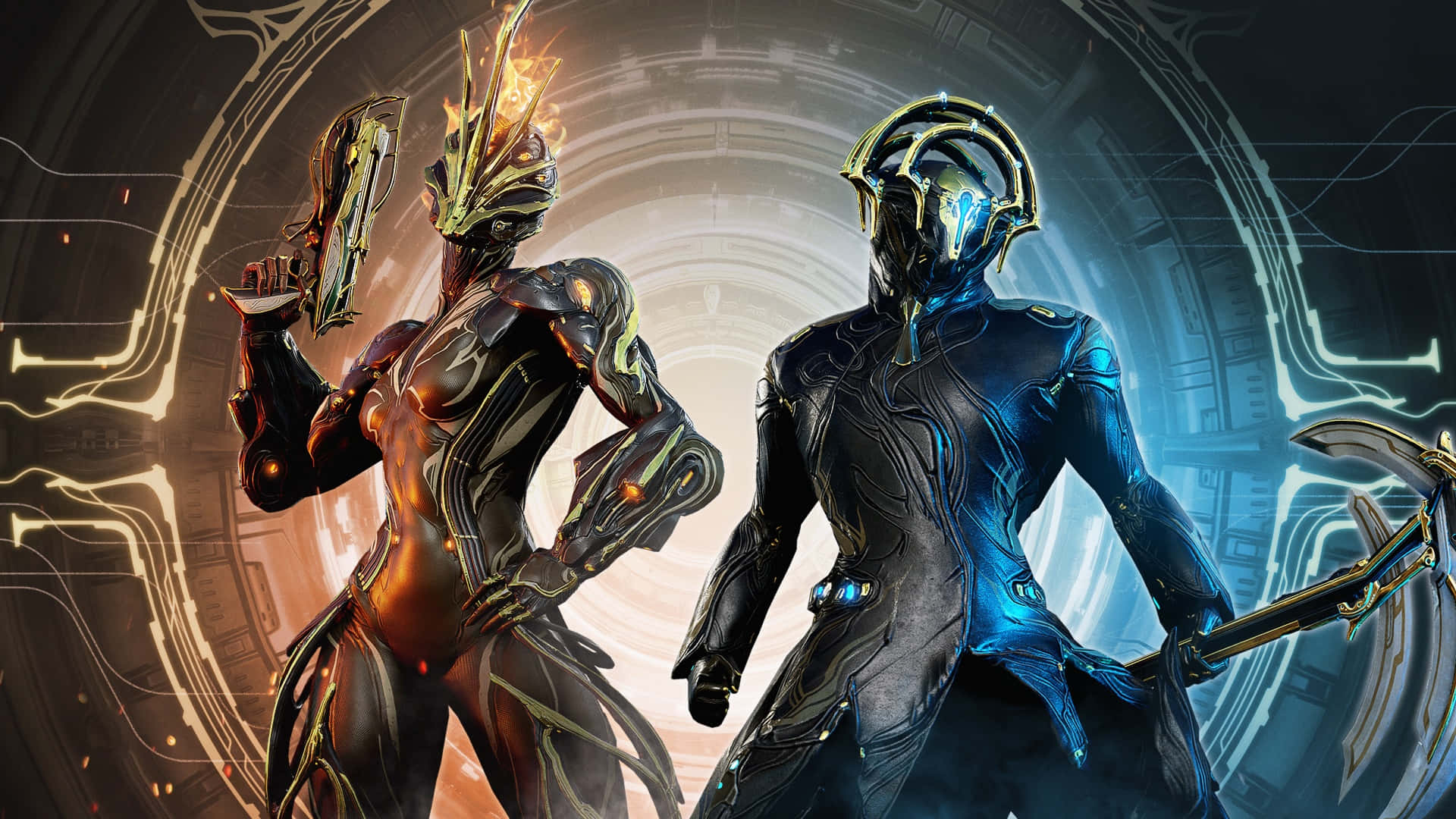 Nidus Warframe, glowing circular sci-fi chamber, fiery gold, Full HD Desktop Wallpaper